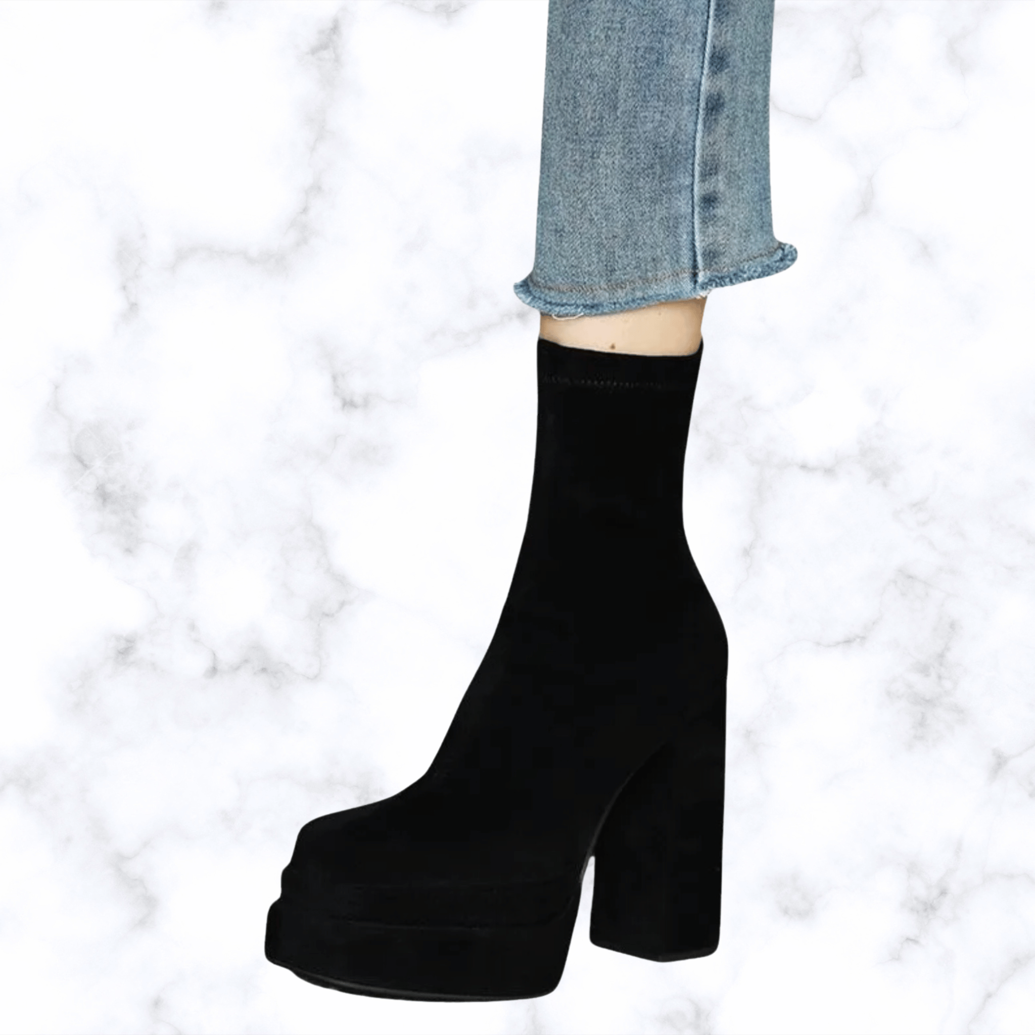 Women's Korean Style Fashion Boots – Thick Heel, Square Toe, Elastic Fit, Waterproof Platform