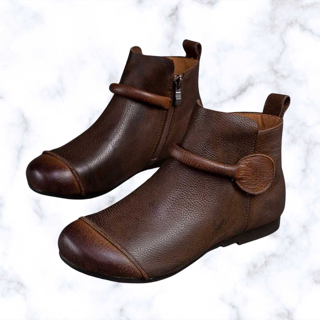Women's Vintage Leather Boots with Plush Lining, Round Toe, Flat Heel, and Side Zipper