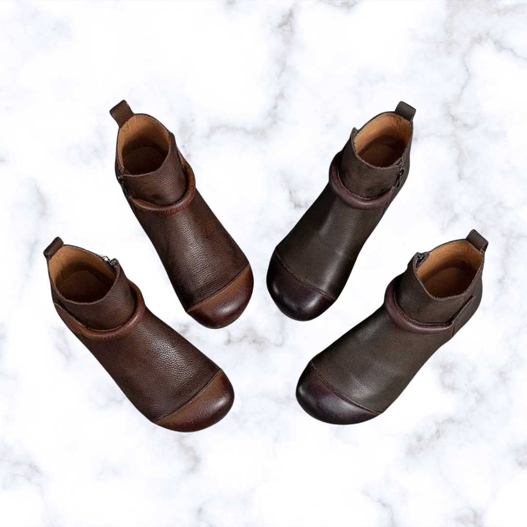 Women's Vintage Leather Boots with Plush Lining, Round Toe, Flat Heel, and Side Zipper