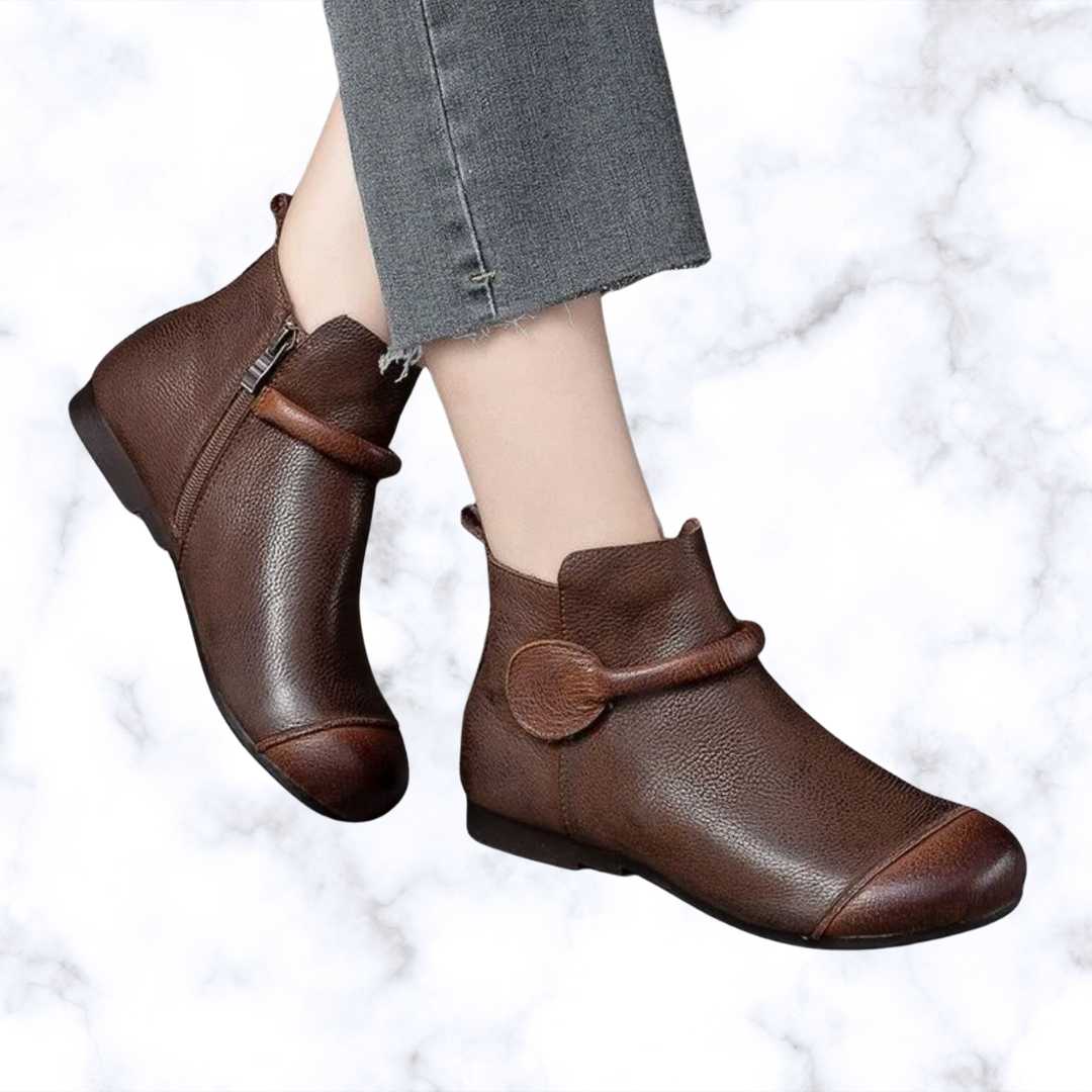 Women's Vintage Leather Boots with Plush Lining, Round Toe, Flat Heel, and Side Zipper