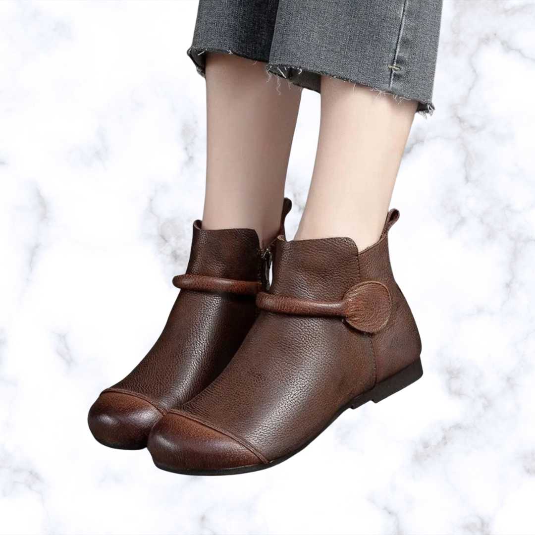 Women's Vintage Leather Boots with Plush Lining, Round Toe, Flat Heel, and Side Zipper