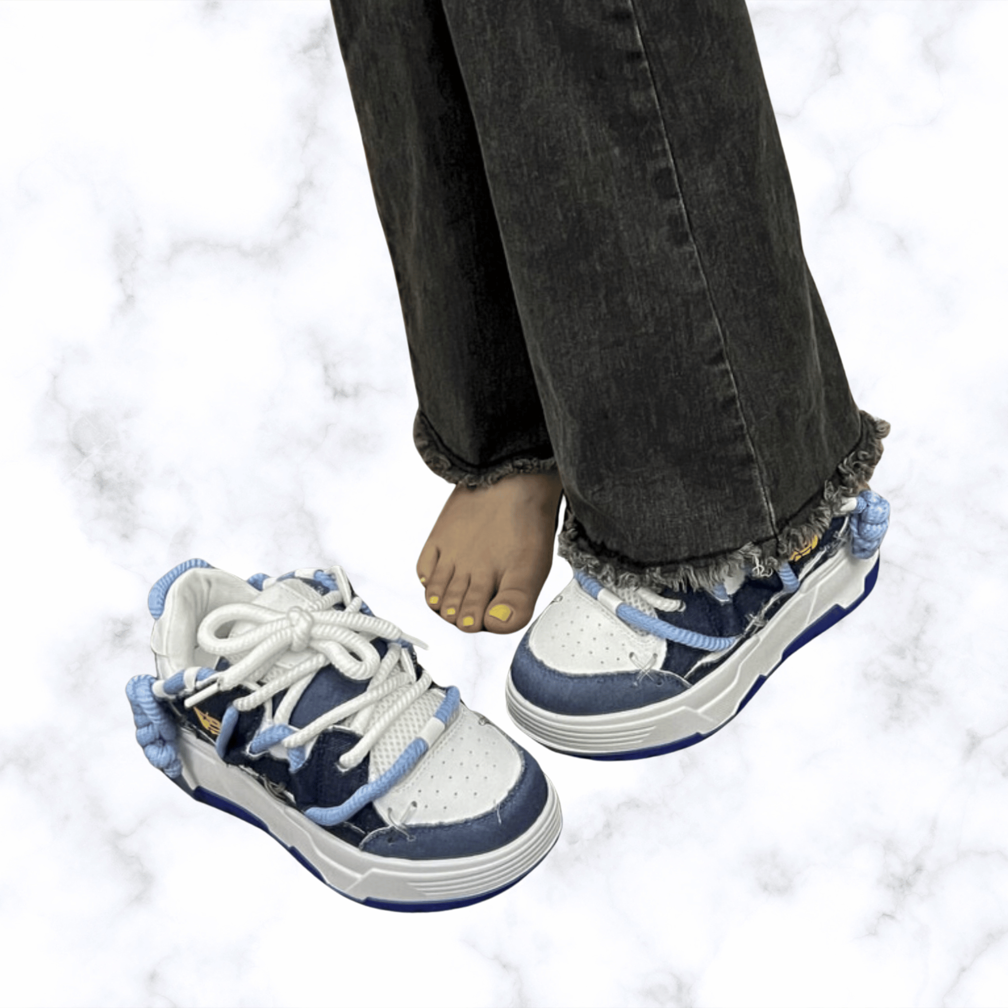 Women's Chunky Denim Platform Sneakers – Wide Sole, Lace-Up Hip Hop Style, Casual Splicing Design