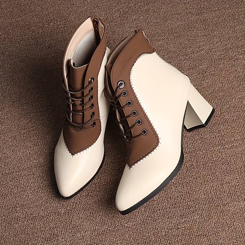 Women's Two-Tone Lace-Up Ankle Boots – Stylish Color Block Design with Chunky Heel & Breathable Mesh Interior