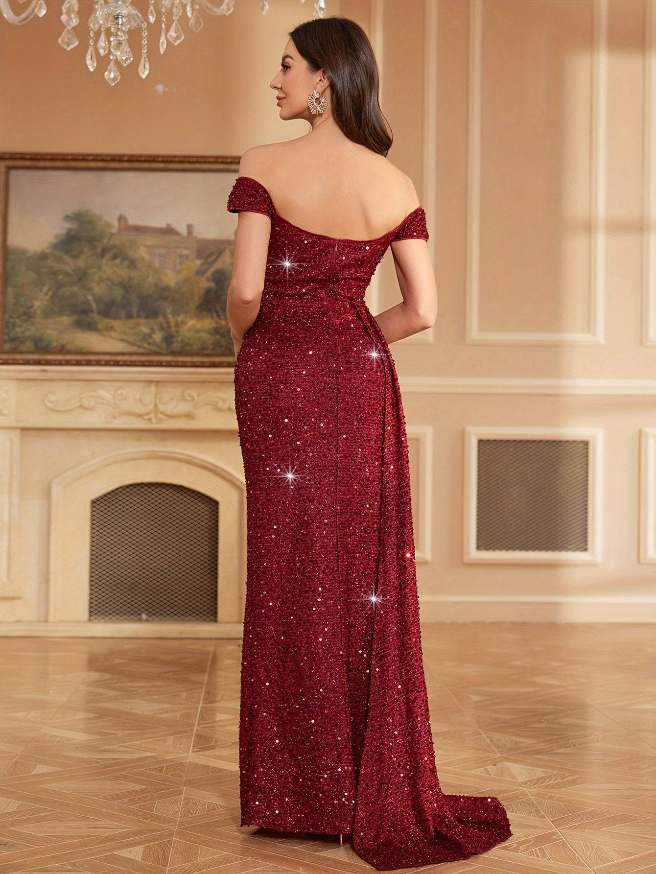 Luxurious Off-The-Shoulder Gown with High Waist & Side Slit – Perfect for Weddings & Formal Events - VougeVampUK