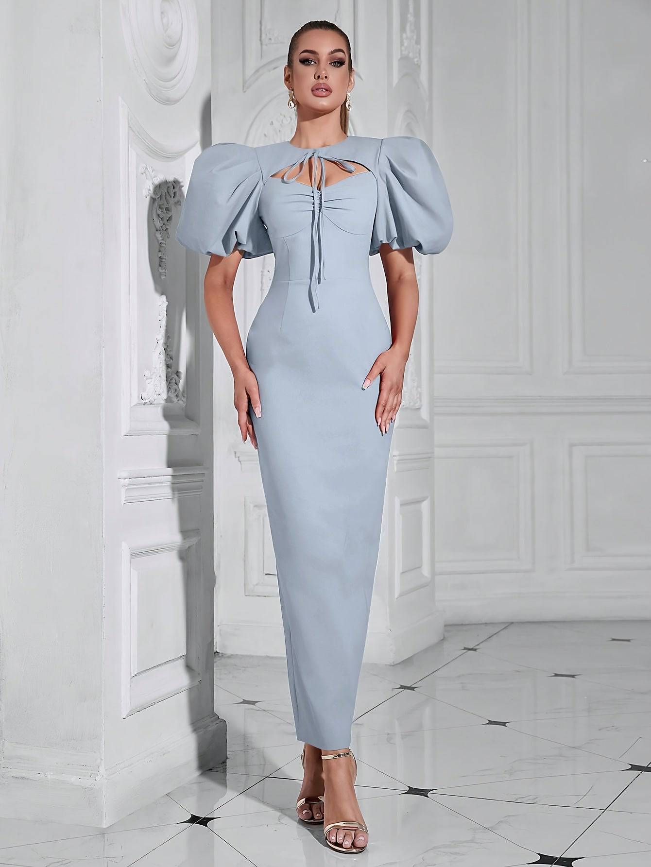 VougeVamp Elegant Halter Neck Bodycon Cocktail Dress with Backless Design & Bubble Sleeve Detail - VougeVampUK