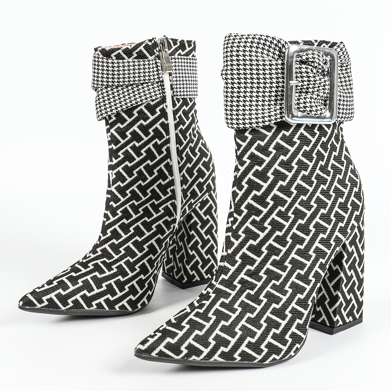 VougeVamp Women's High Heel Mid-Calf Boots – Plaid Pattern with Rhinestone Accents & Side Zipper - VougeVampUK