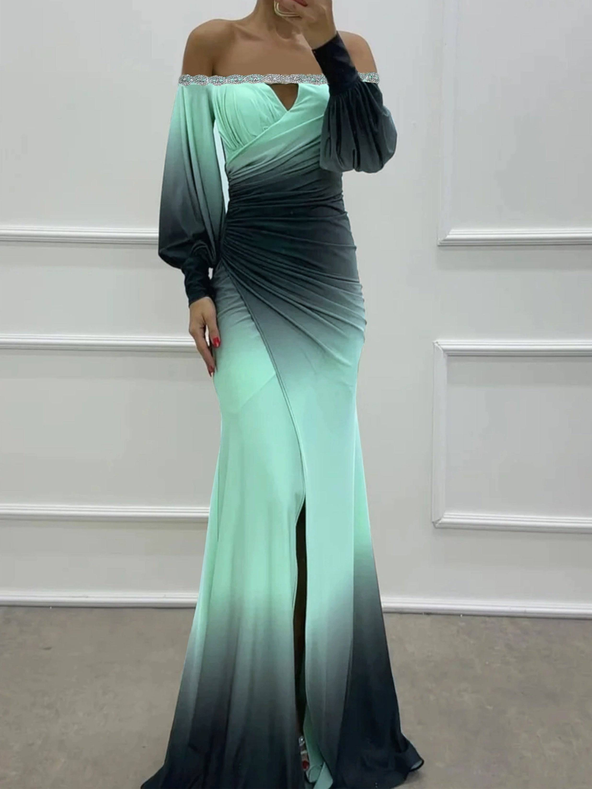 VougeVamp Off-Shoulder Rhinestone Waist Maxi Dress – Elegant Long Sleeve Bodycon Gown for Women