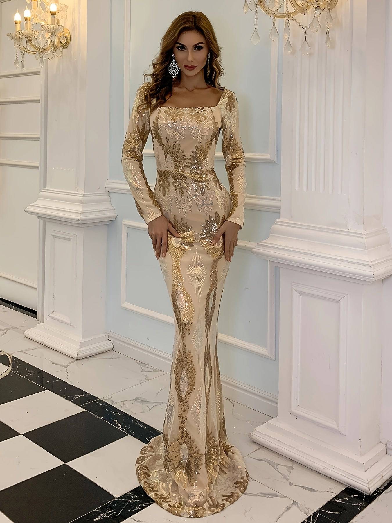 Elegant Golden Sequin Bridesmaid Dress – Long Sleeve Square Neck Floor-Length Evening Gown - VougeVampUK