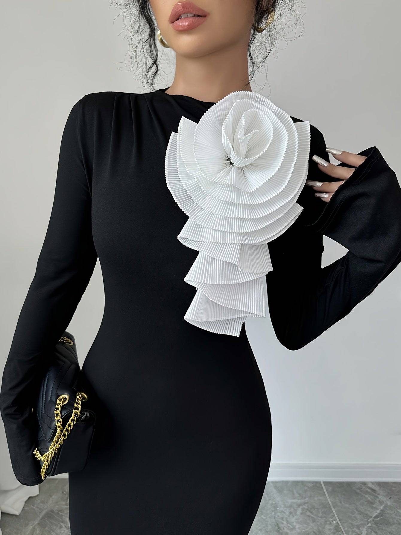 VougeVamp Elegant Long Sleeve Bodycon Dress – 3D Flower Applique Party Dress for All Seasons