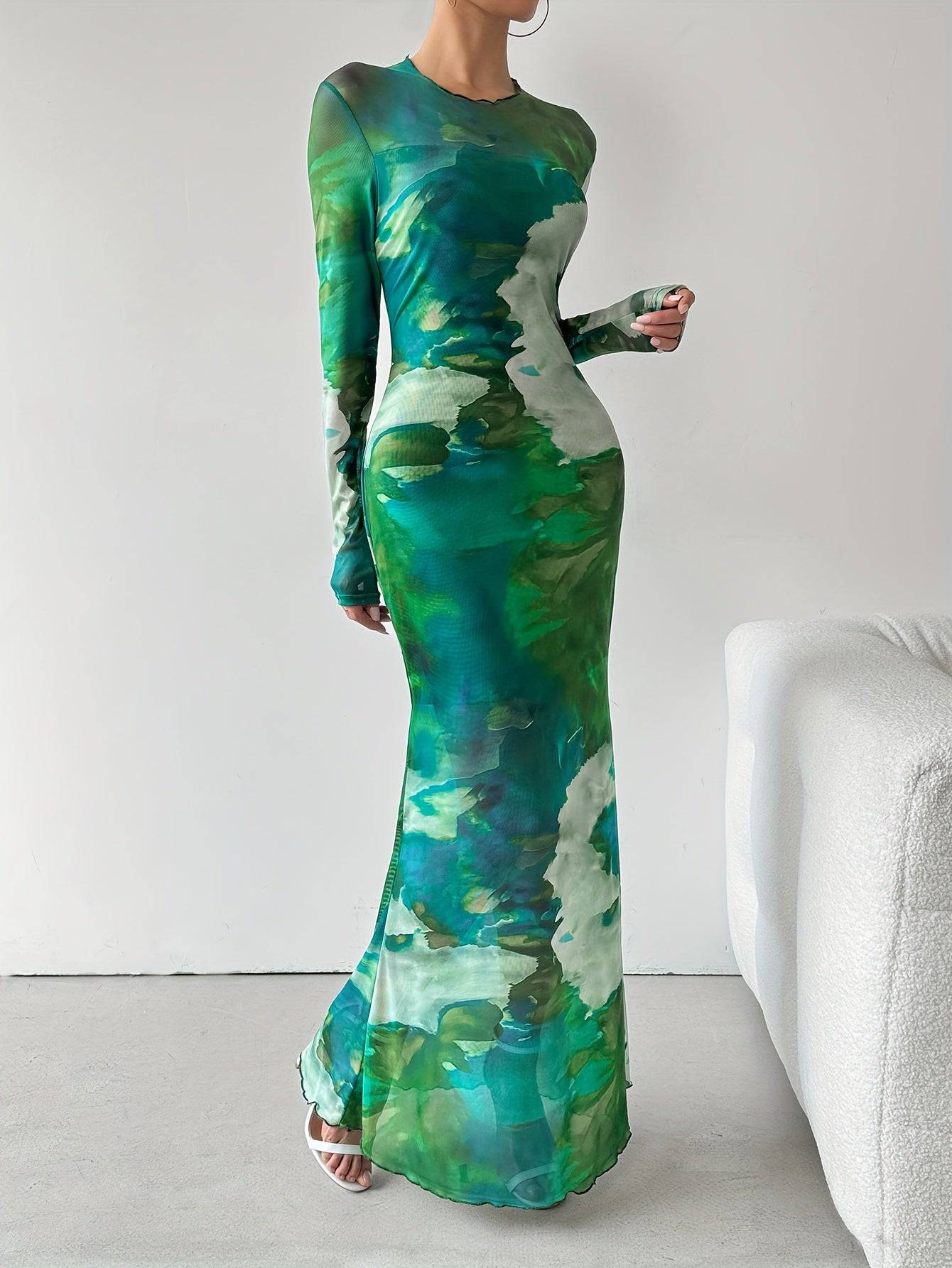 VougeVamp Vibrant Tie-Dye Mesh Maxi Dress – Elegant Long Sleeve Slim Fit Dress for Spring & Fall