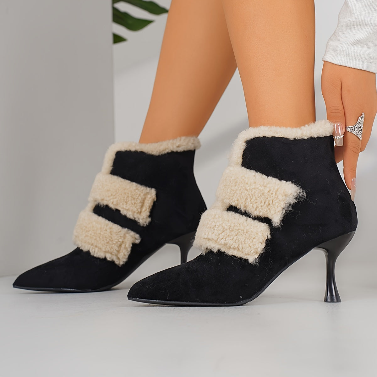 VougeVamp Women's Elegant Stiletto Heel Short Boots – Warm Velvet-Lined Ankle Booties - VougeVampUK