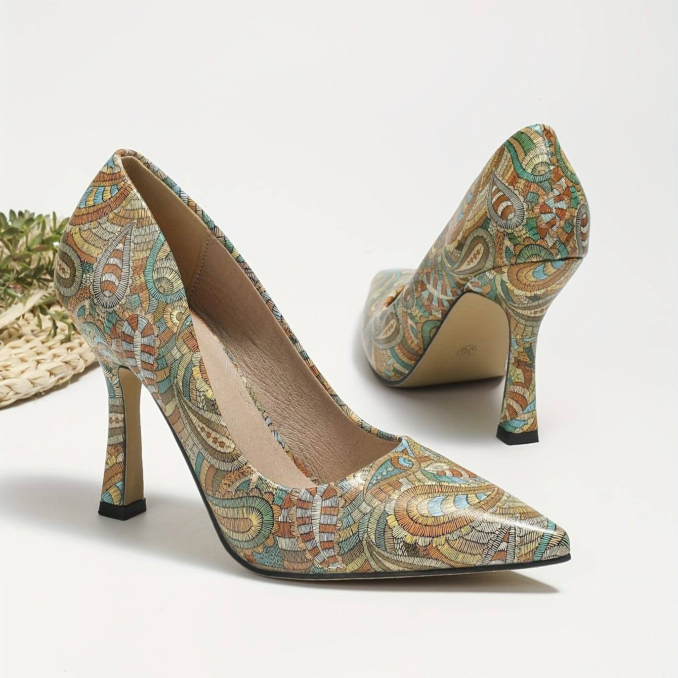 VougeVamp Ethnic Print Stiletto Heels – Elegant Pointed Toe Pumps for Parties & Office Wear - VougeVampUK