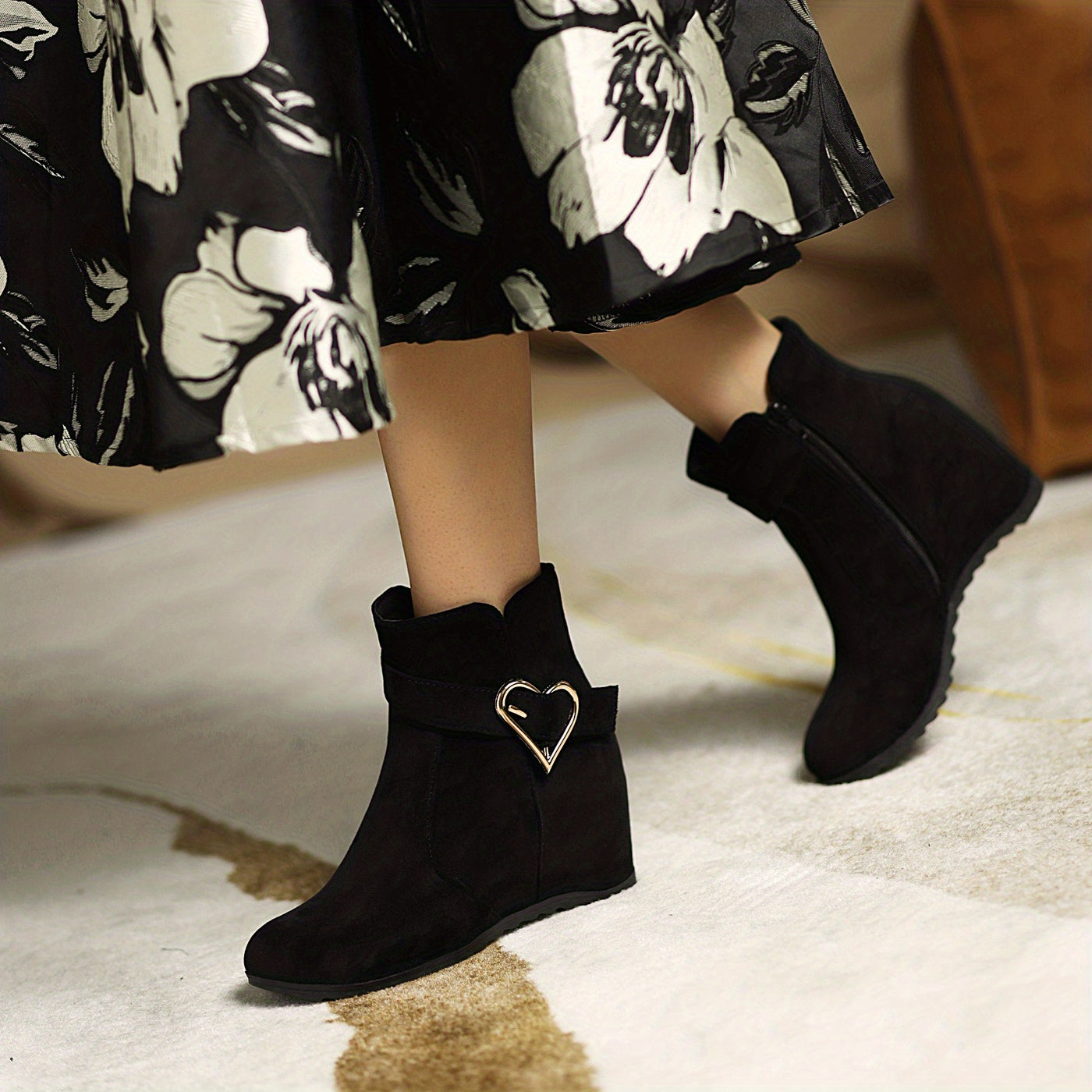 VougeVamp Stylish Wedge Ankle Boots – Heart-Shaped Buckle Strap, Comfortable & Breathable Slip-On Design - VougeVampUK