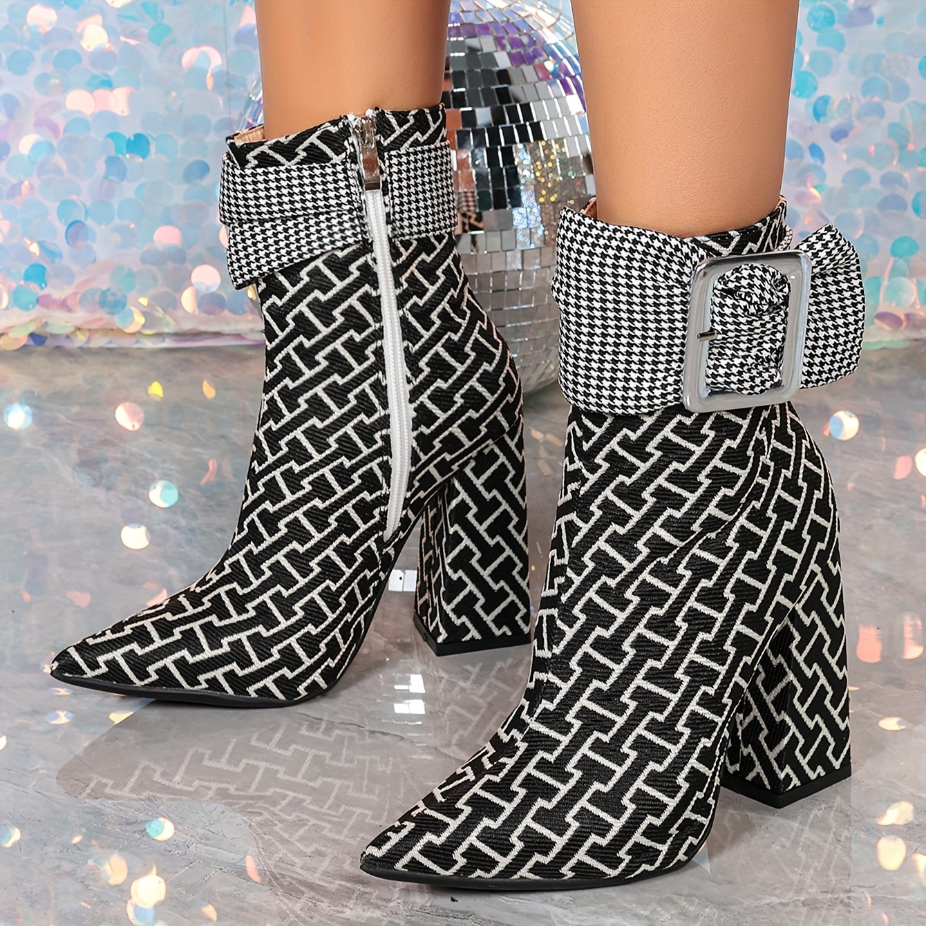 VougeVamp Women's High Heel Mid-Calf Boots – Plaid Pattern with Rhinestone Accents & Side Zipper - VougeVampUK