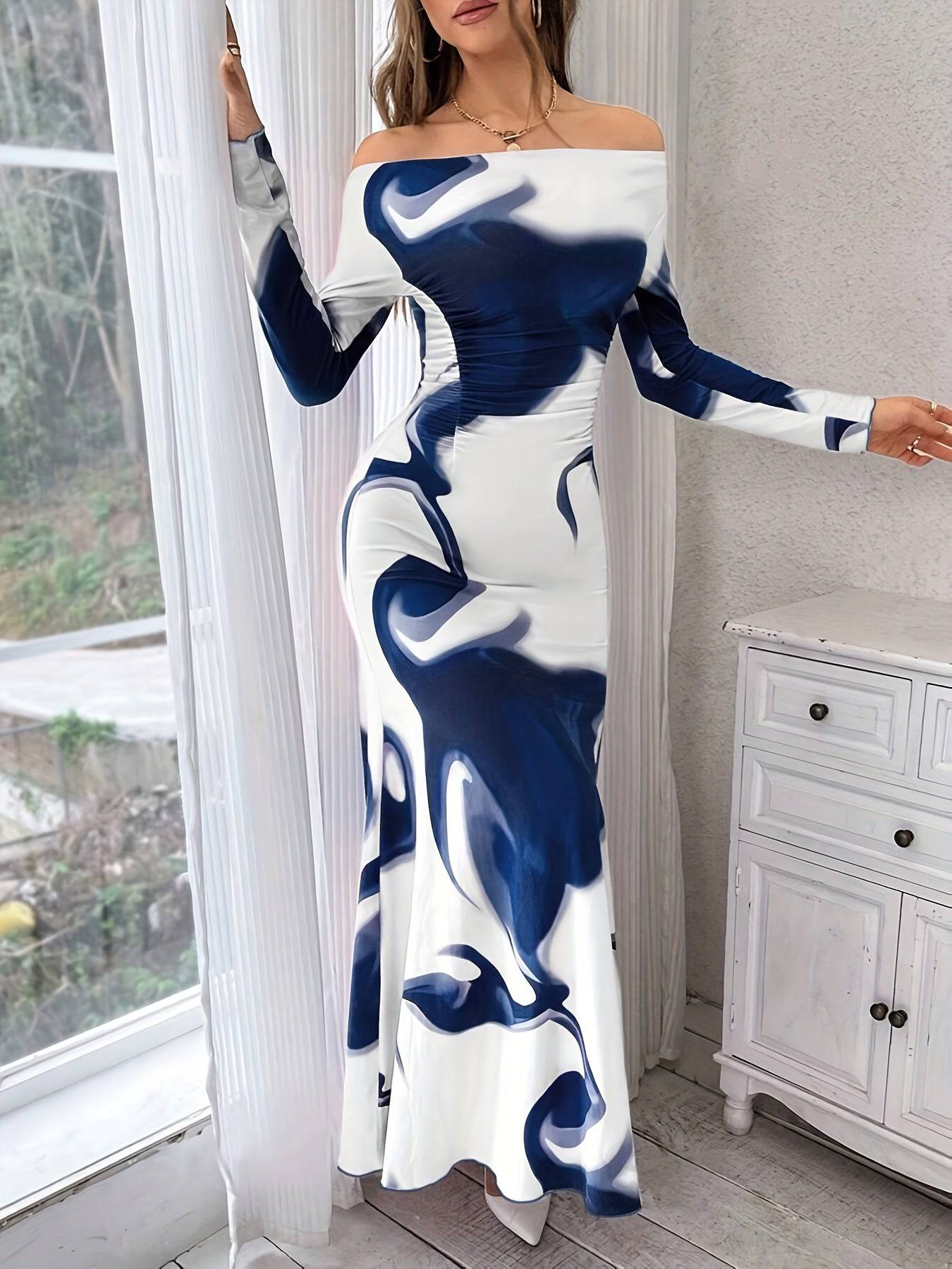 VougeVamp Off-Shoulder Camo Print Maxi Dress – Chic Ruched Waist Mermaid Gown for Spring & Fall - VougeVampUK