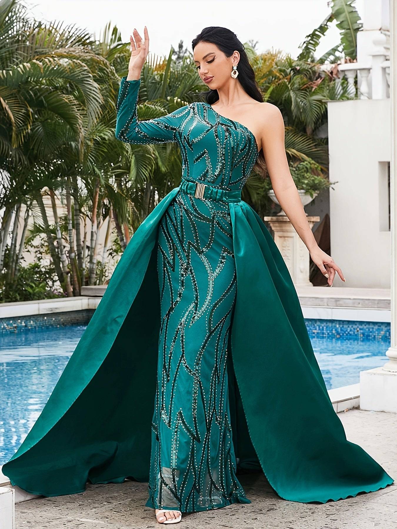 Elegant One-Shoulder Teal Evening Gown with Sequined Detailing – Sleeveless, Floor-Length Pencil Dress with Belt - VougeVampUK