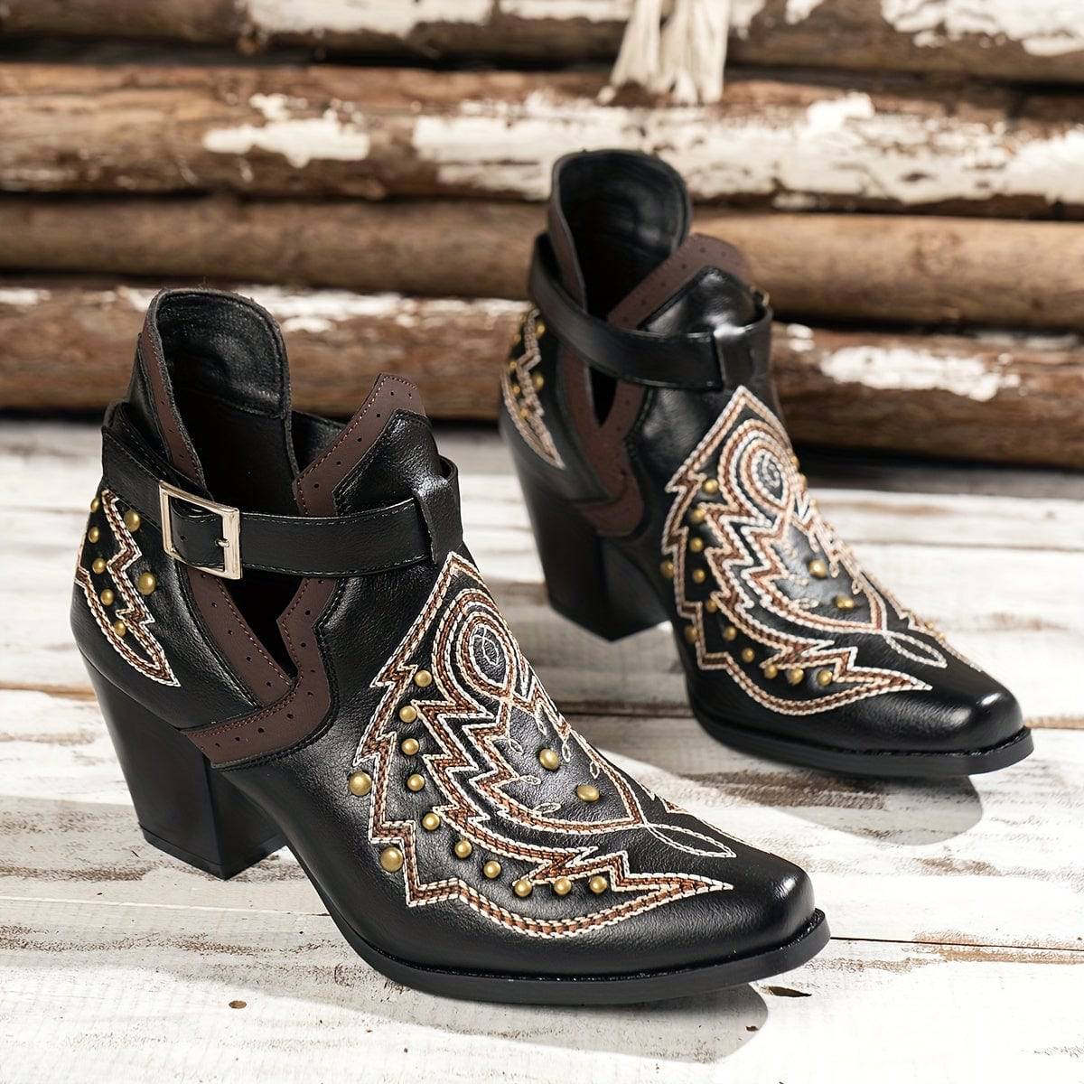 VougeVamp Women's Golden Bead Decor Ankle Boots – Chunky Heel Western Boots with Fashion Buckle Strap - VougeVampUK