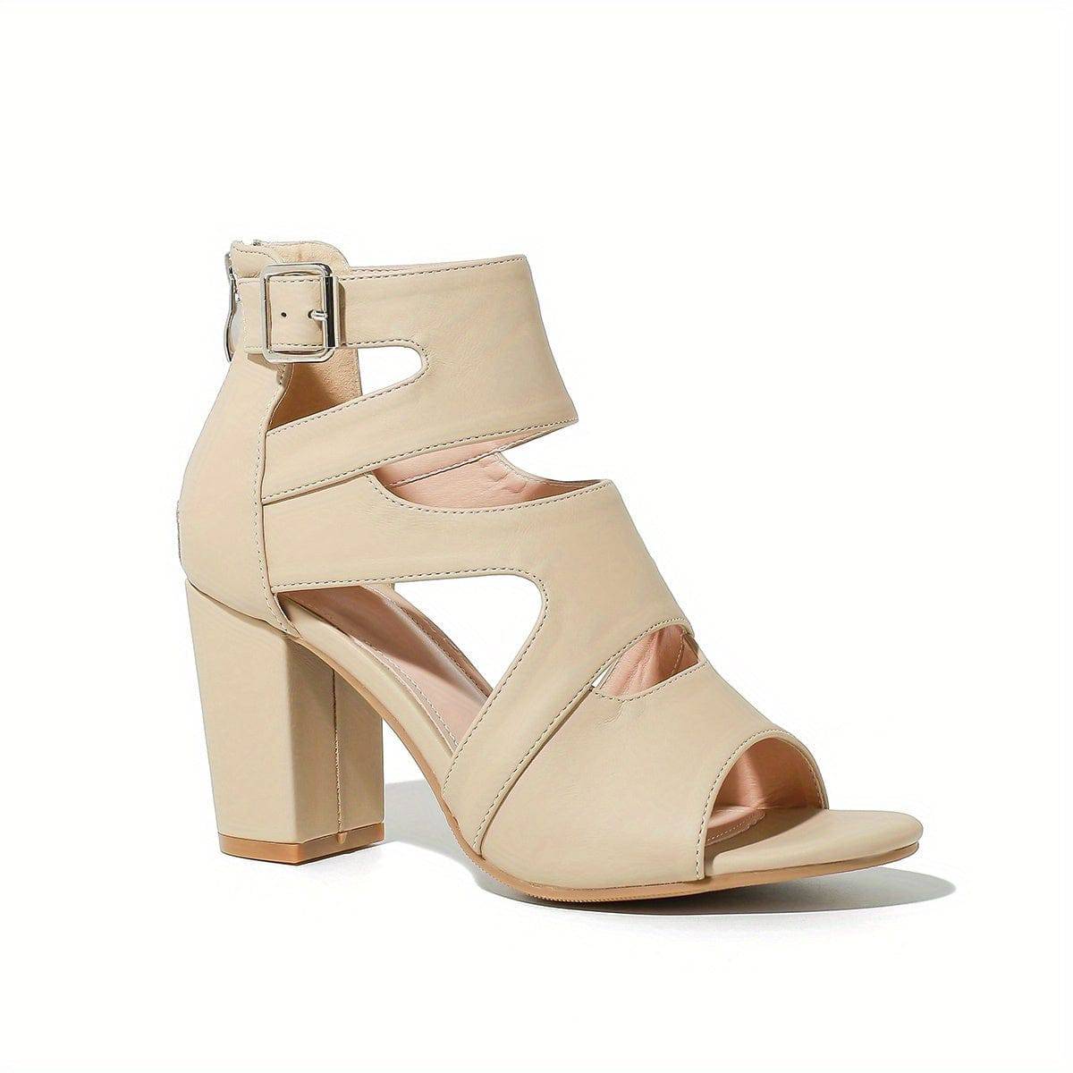 VougeVamp Women's Cutout Block Heel Sandals – Breathable Buckle Strap Summer Pumps with Back Zipper - VougeVampUK