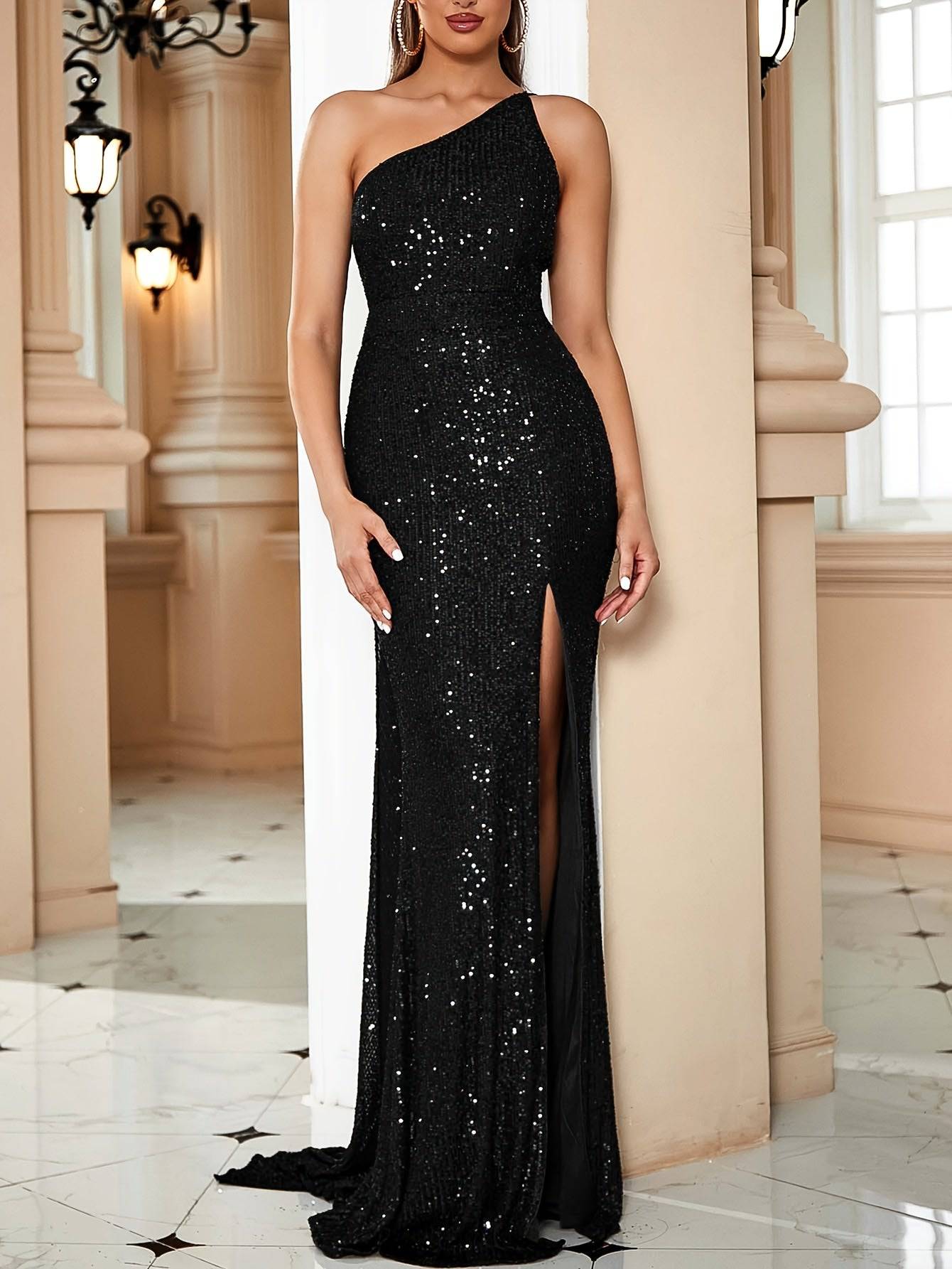 Elegant One-Shoulder Mermaid Gown with High-Waist Slit, Sequined Evening Dress