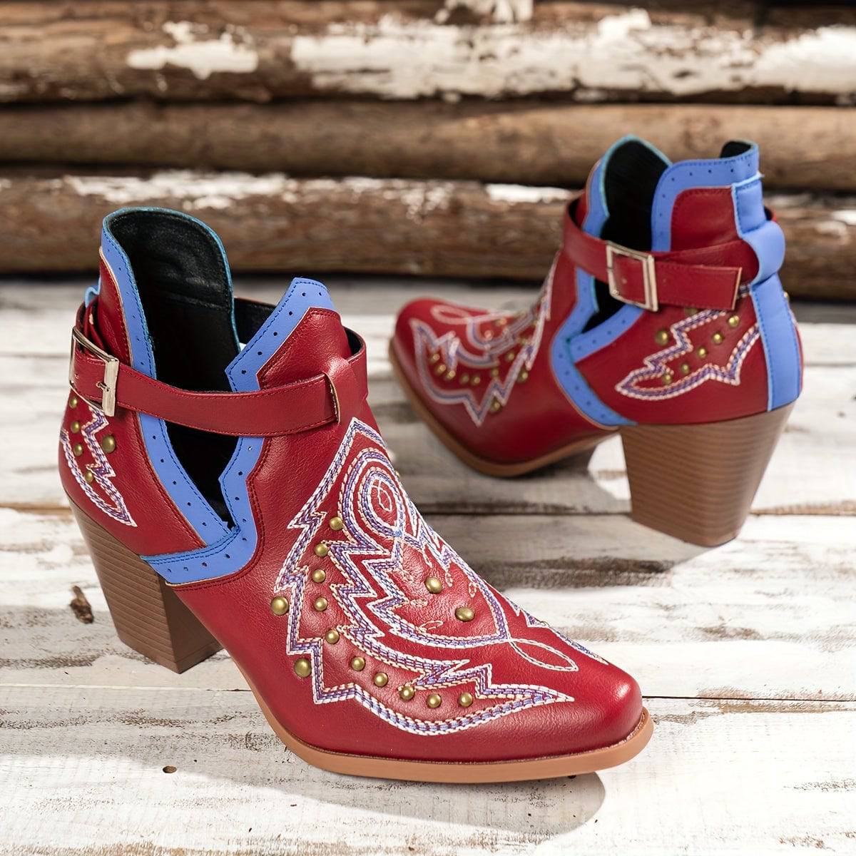 VougeVamp Women's Golden Bead Decor Ankle Boots – Chunky Heel Western Boots with Fashion Buckle Strap - VougeVampUK