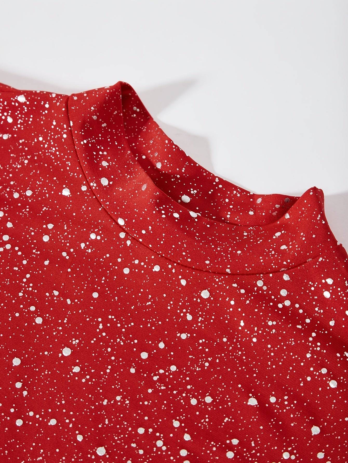 VougeVamp Elegant Red Starry Sky Maxi Dress – Long Sleeve Pleated Gown for Parties & Evening Events