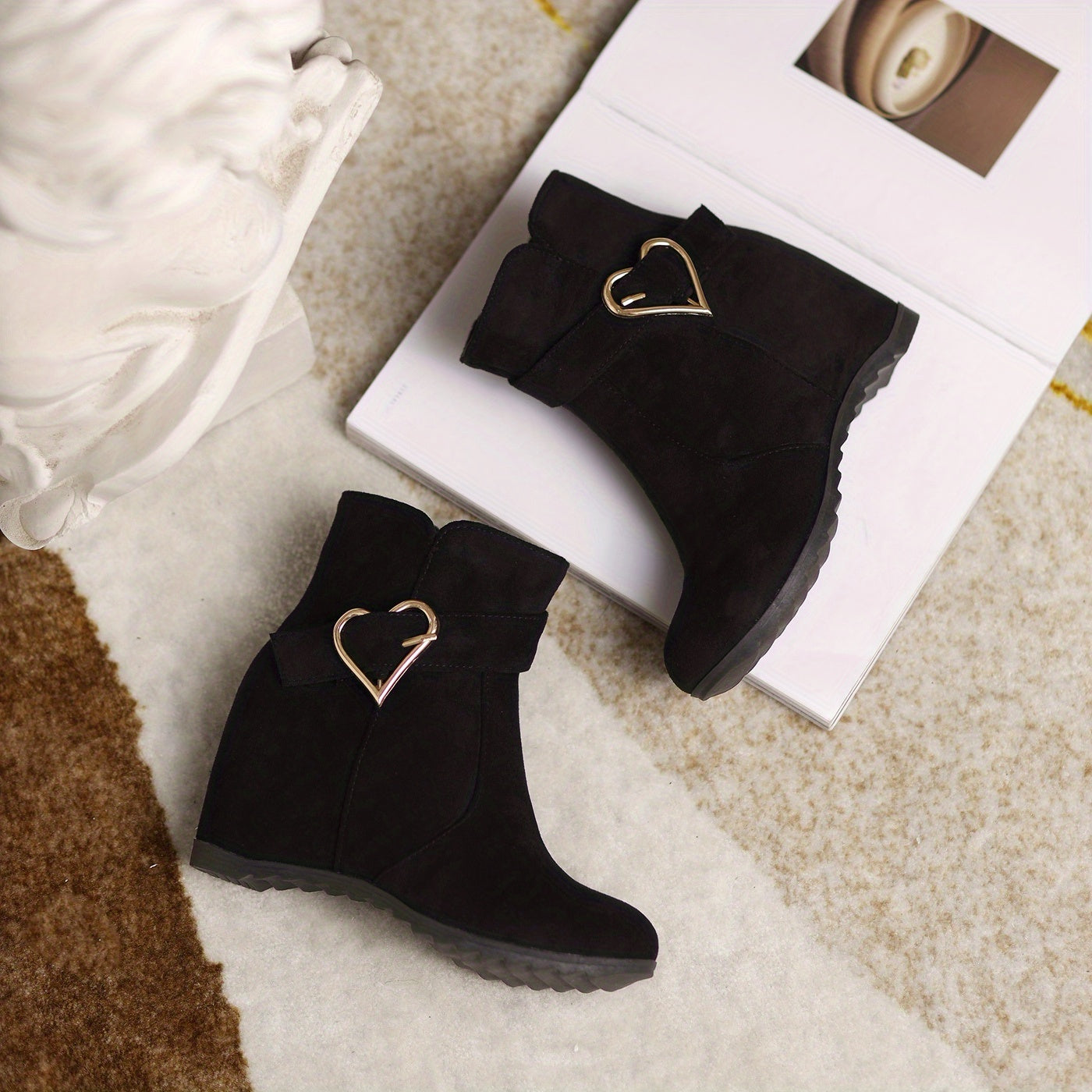VougeVamp Stylish Wedge Ankle Boots – Heart-Shaped Buckle Strap, Comfortable & Breathable Slip-On Design - VougeVampUK