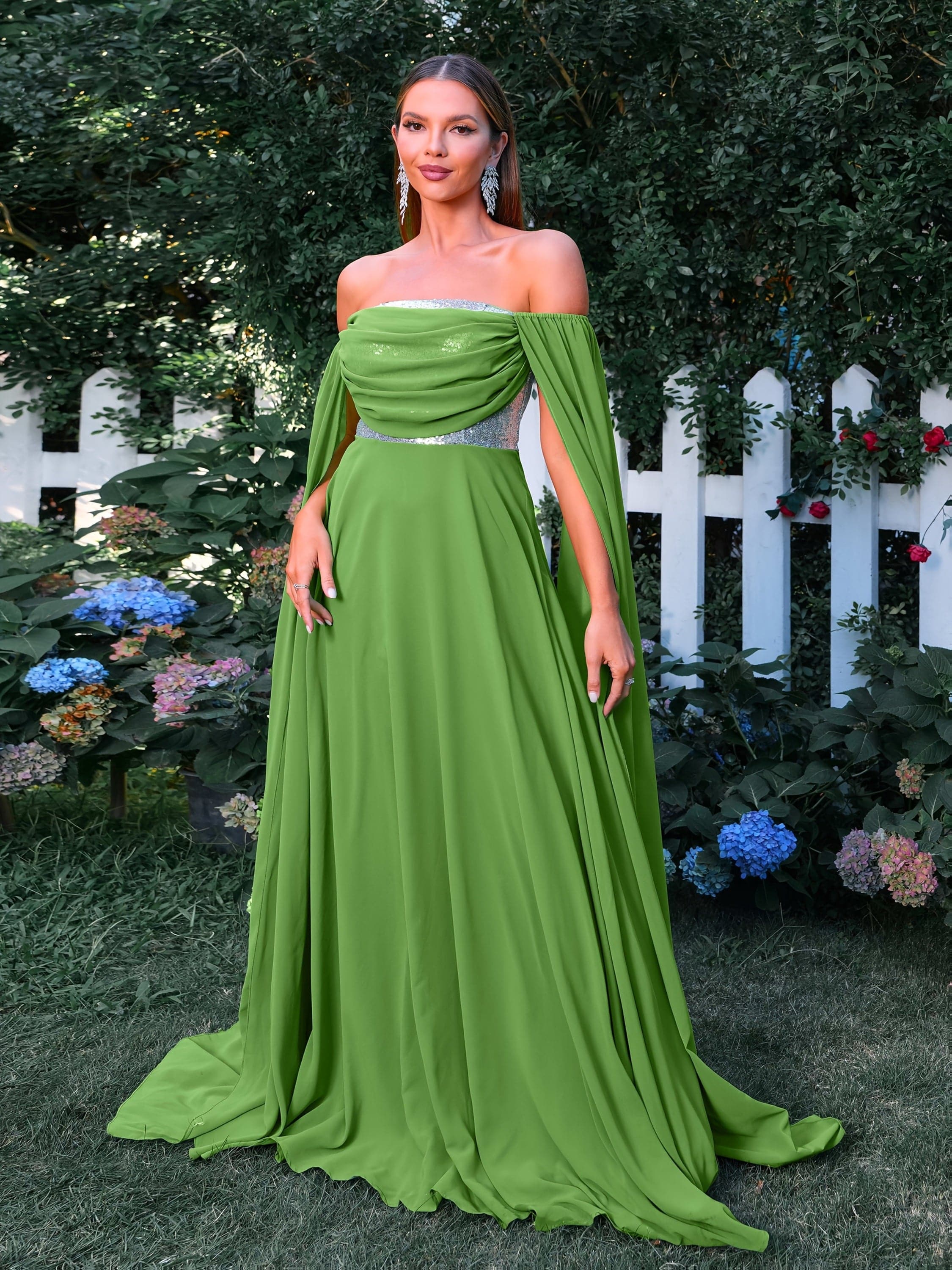 VougeVamp Elegant Off-Shoulder Green Gown – Extra Long Sleeves & Ruched Waist for Timeless Sophistication - VougeVampUK