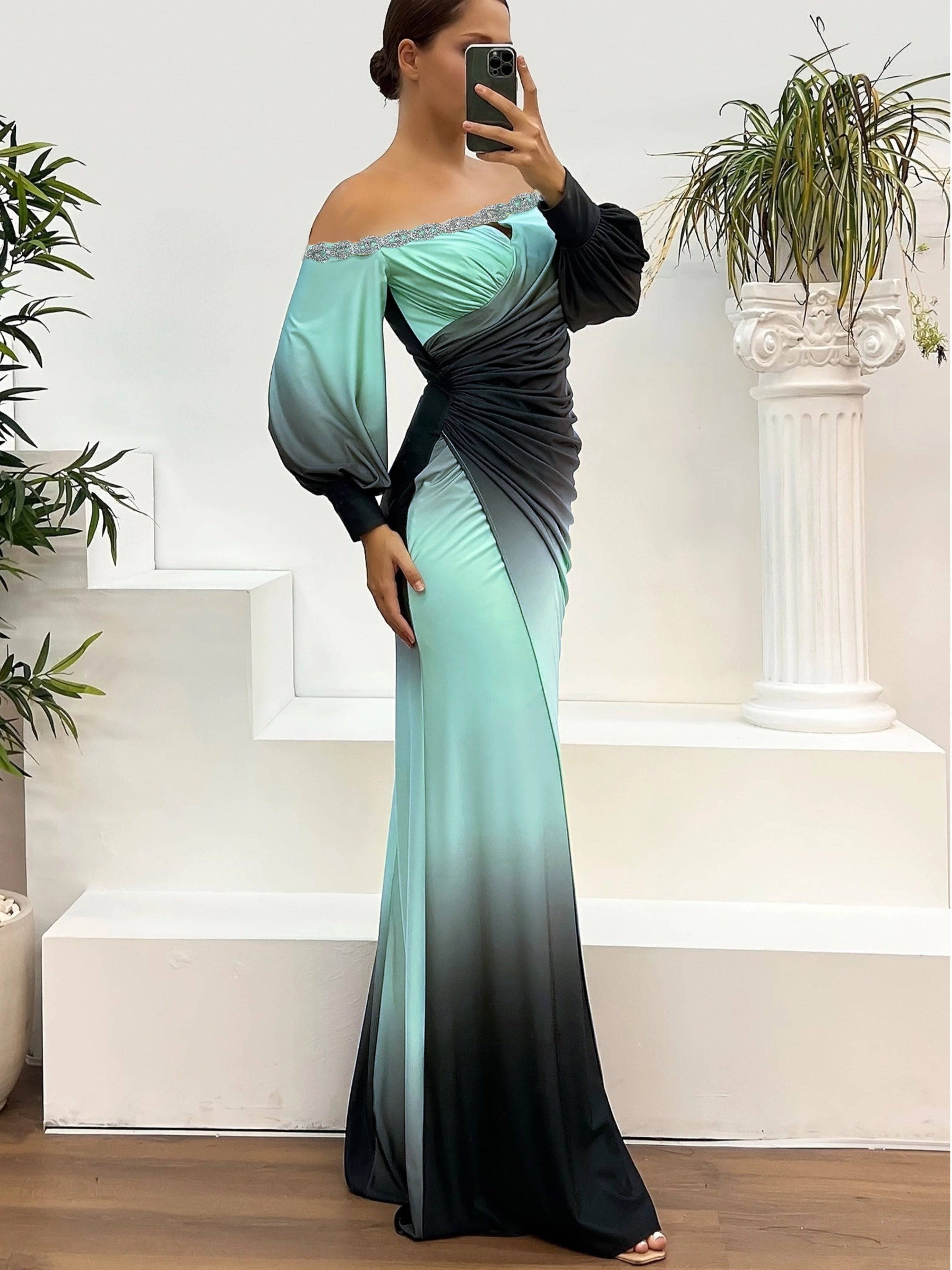 VougeVamp Off-Shoulder Rhinestone Waist Maxi Dress – Elegant Long Sleeve Bodycon Gown for Women