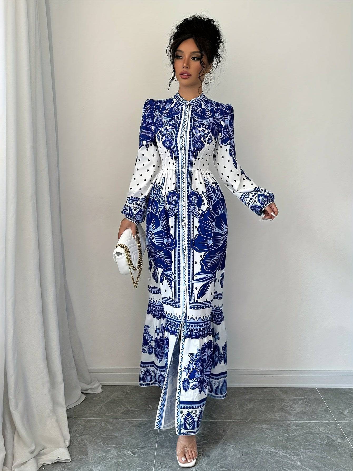 French Court Style Floral Dress for Women – Stand Collar, Polyester-Elastane Blend