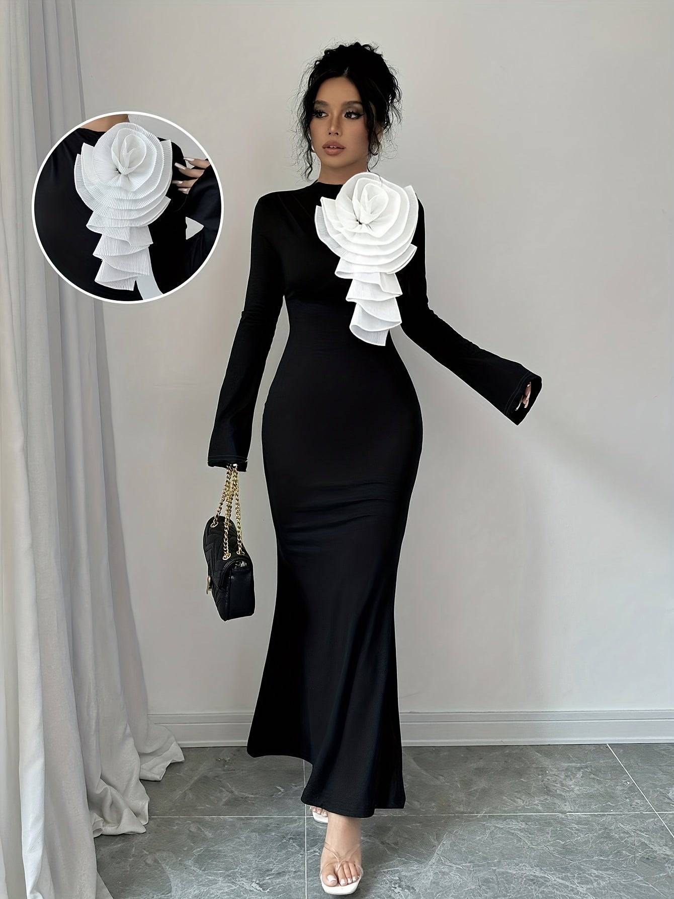 VougeVamp Elegant Long Sleeve Bodycon Dress – 3D Flower Applique Party Dress for All Seasons