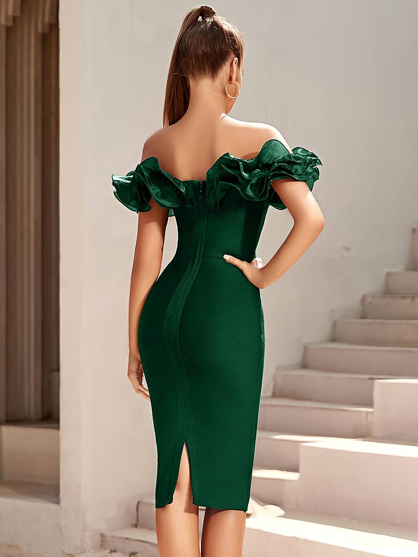 Elegant Ruffle Trim Off-Shoulder Bodycon Dress – Perfect for Party & Banquet, Wedding & Evening Events - VougeVampUK