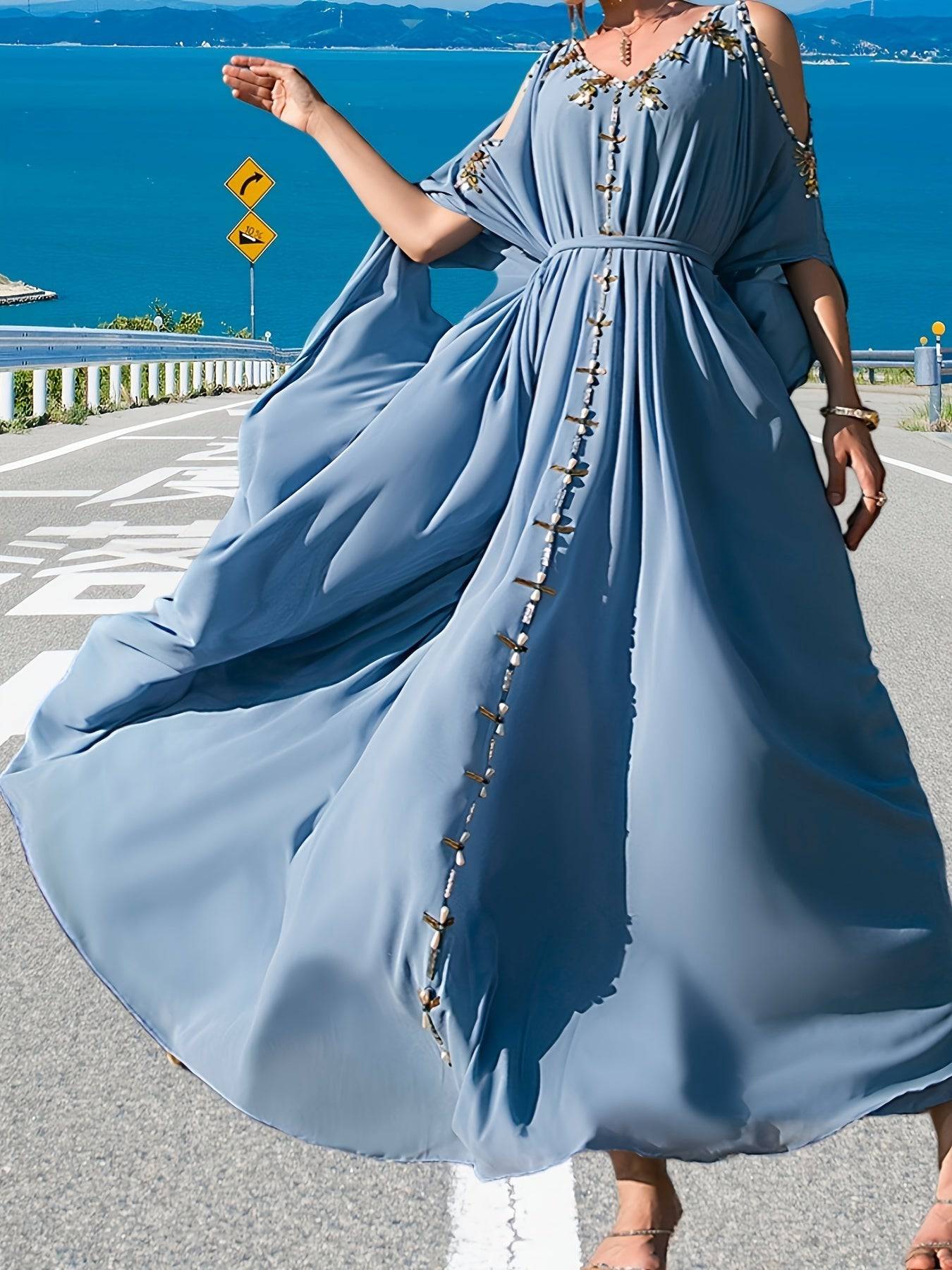 VougeVamp Elegant Off-Shoulder Maxi Dress with Handcrafted Pearl Embellishments and Flounce Sleeves