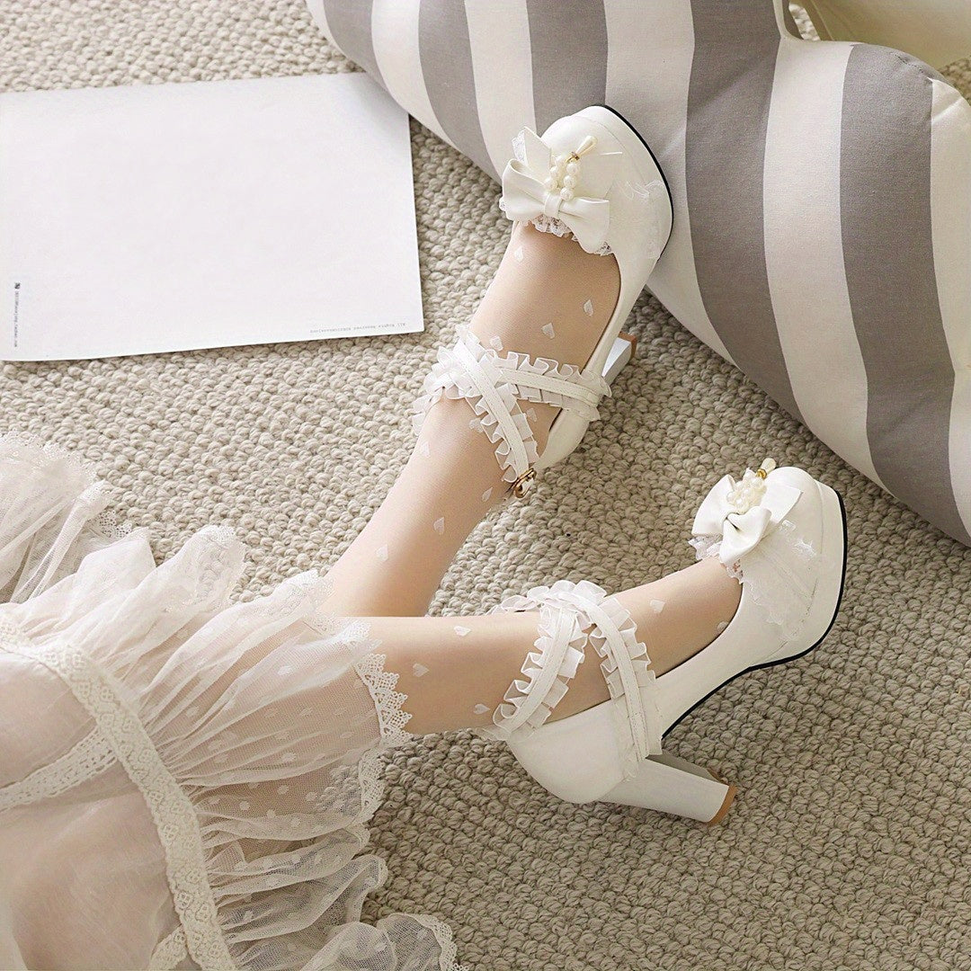 VougeVamp Chic Lace Bowknot Platform Pumps – High Block Heel Waterproof Fashion Shoes