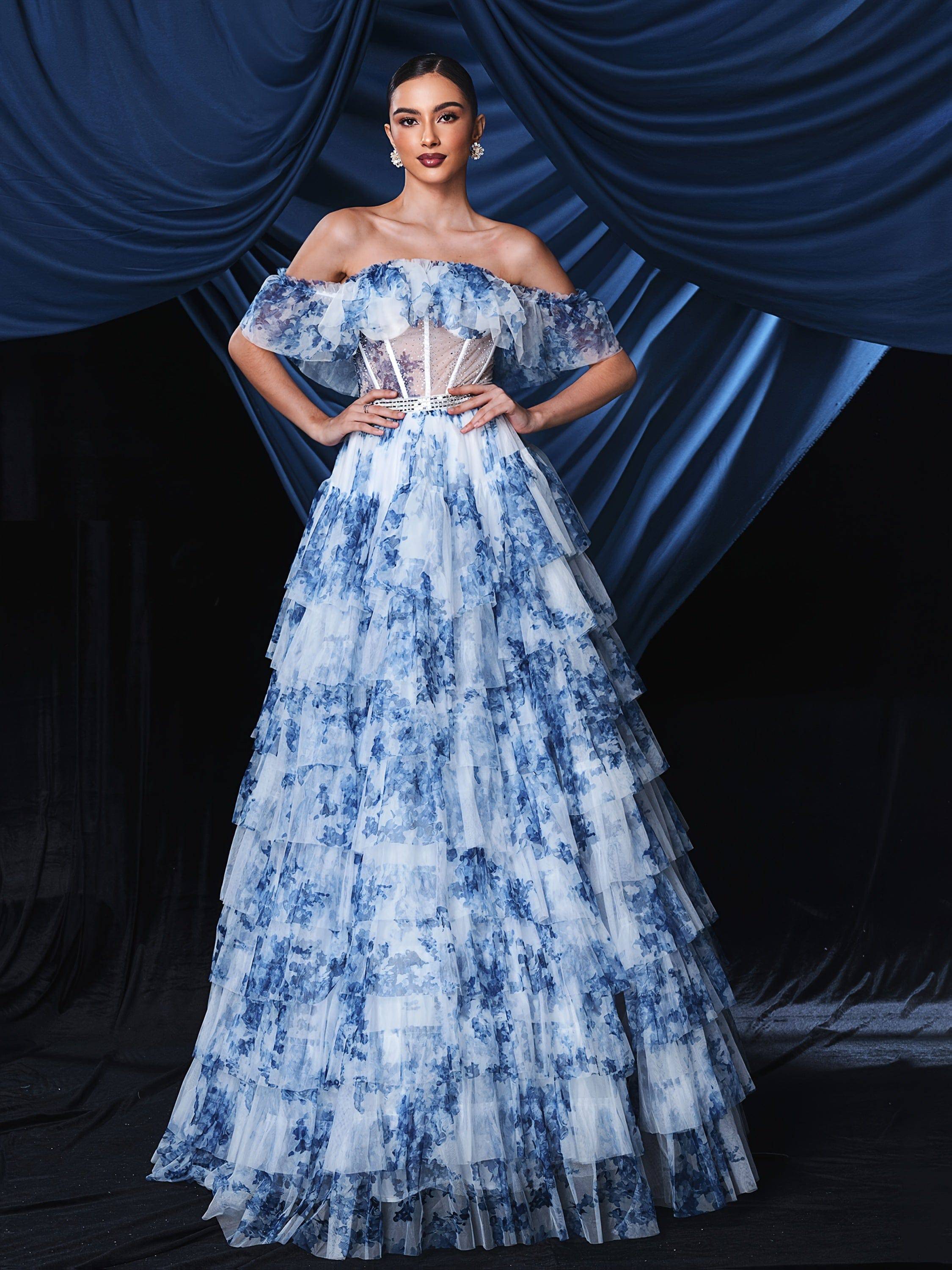 VougeVamp Elegant Off-Shoulder Blue Tulle & White Lace Bridal Gown with High Slit – Floor-Length Wedding Dress - VougeVampUK