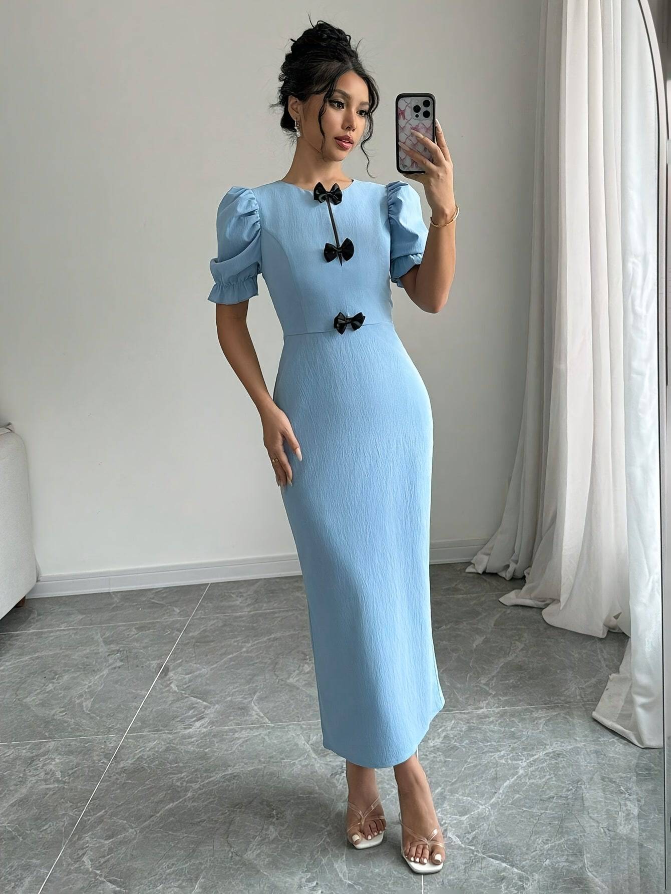 VougeVamp Light Blue Puff Sleeve Midi Dress – Elegant Bow Detail & Ruffle Hem for Spring, Summer & Fall