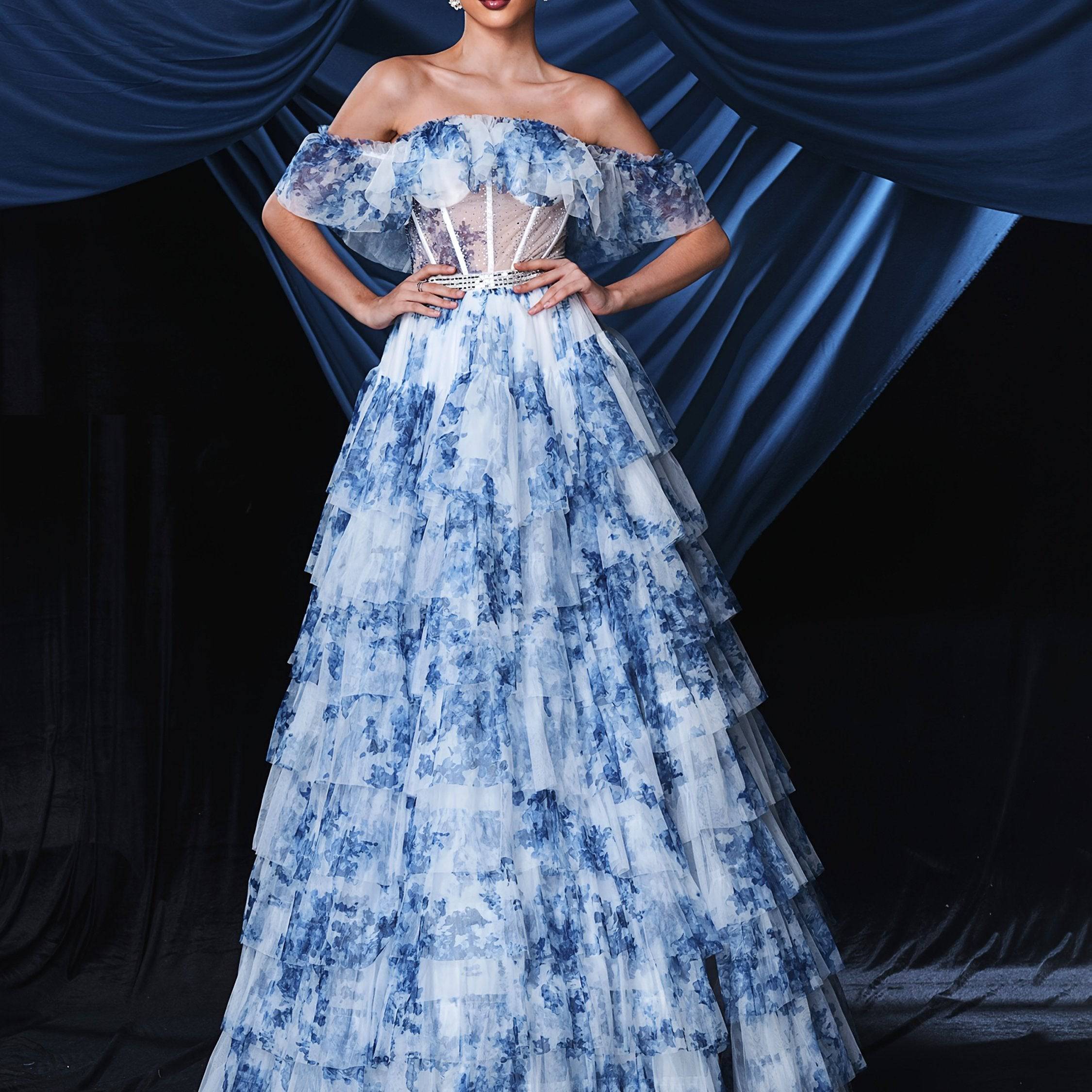 VougeVamp Elegant Off-Shoulder Blue Tulle & White Lace Bridal Gown with High Slit – Floor-Length Wedding Dress - VougeVampUK