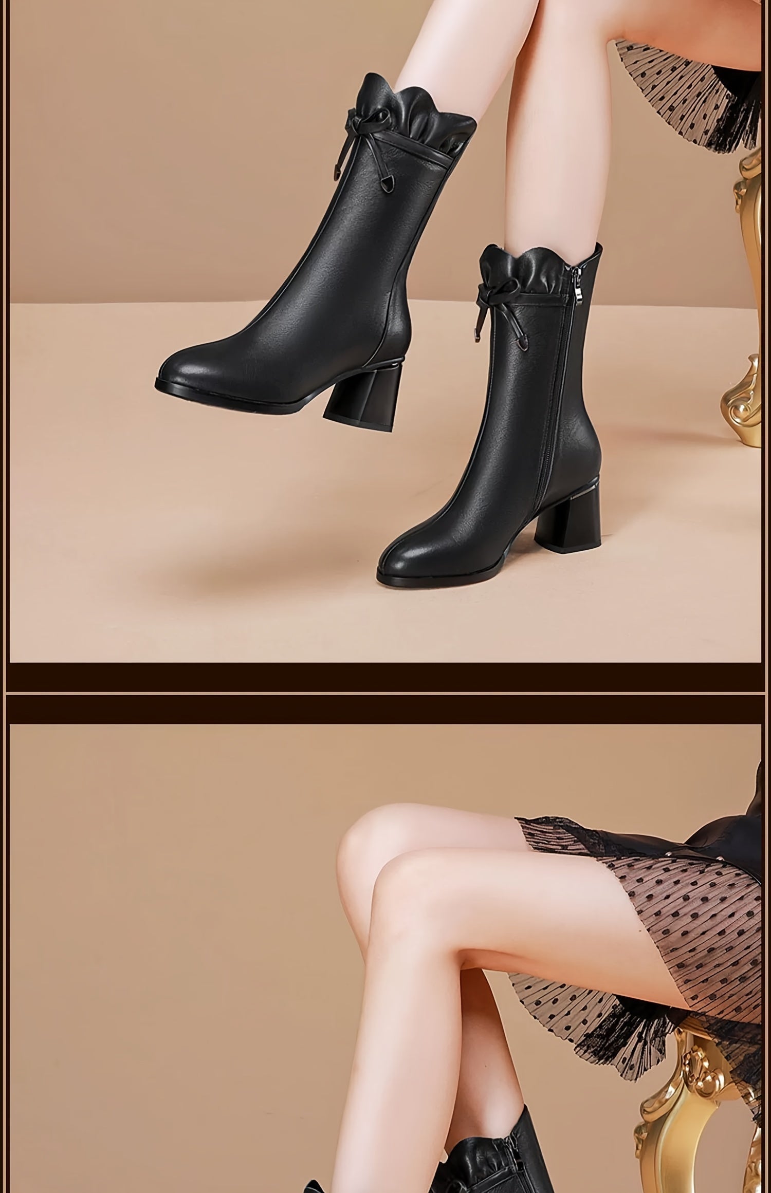 VougeVamp Stylish Mid-Calf Boots – Chic Chunky Heel, Solid Color & Easy Side Zip - VougeVampUK