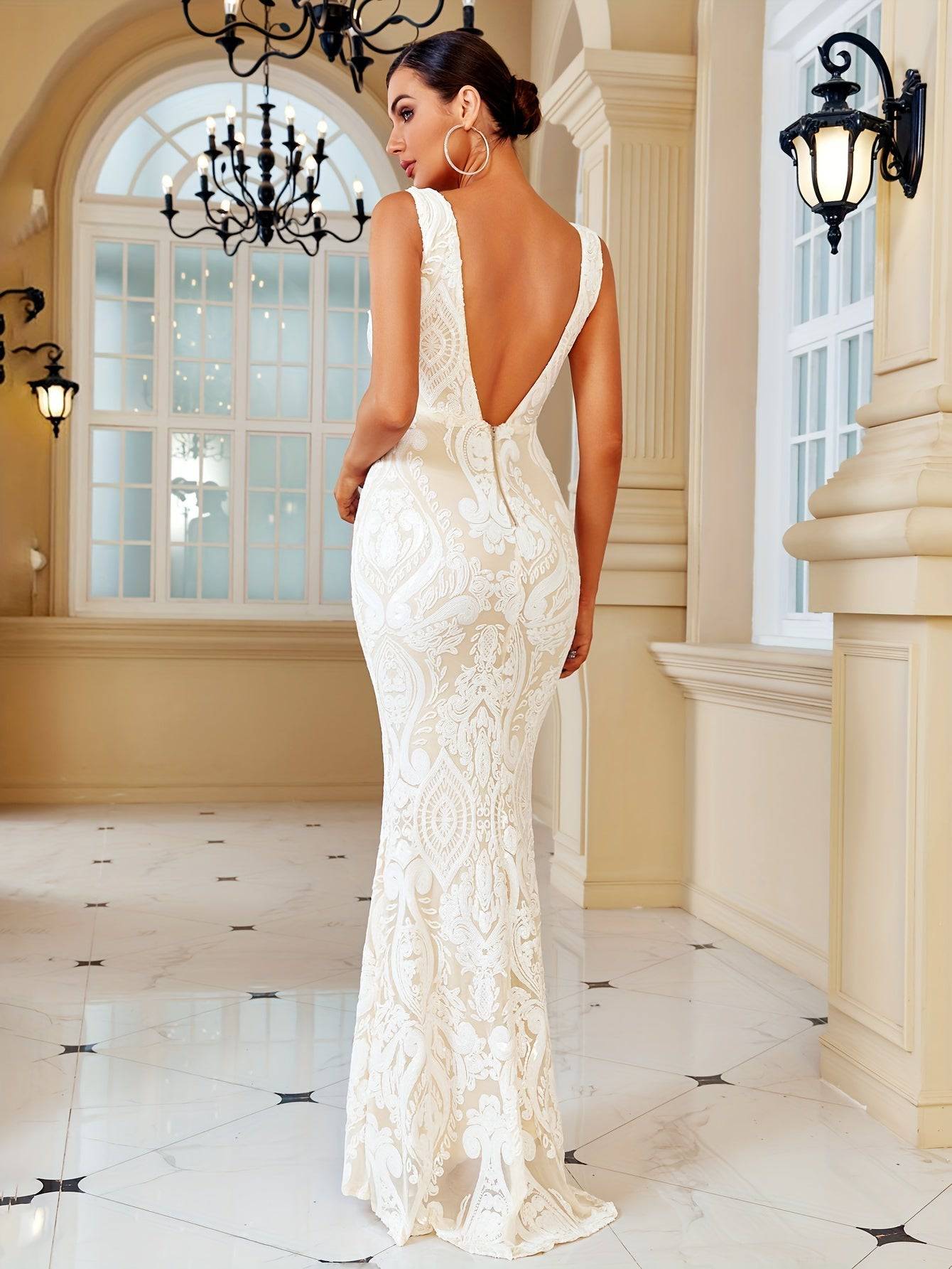 Elegant Black Sequin Mermaid Dress – V-Neck, Sleeveless Bodycon Gown with Geometric Pattern - VougeVampUK