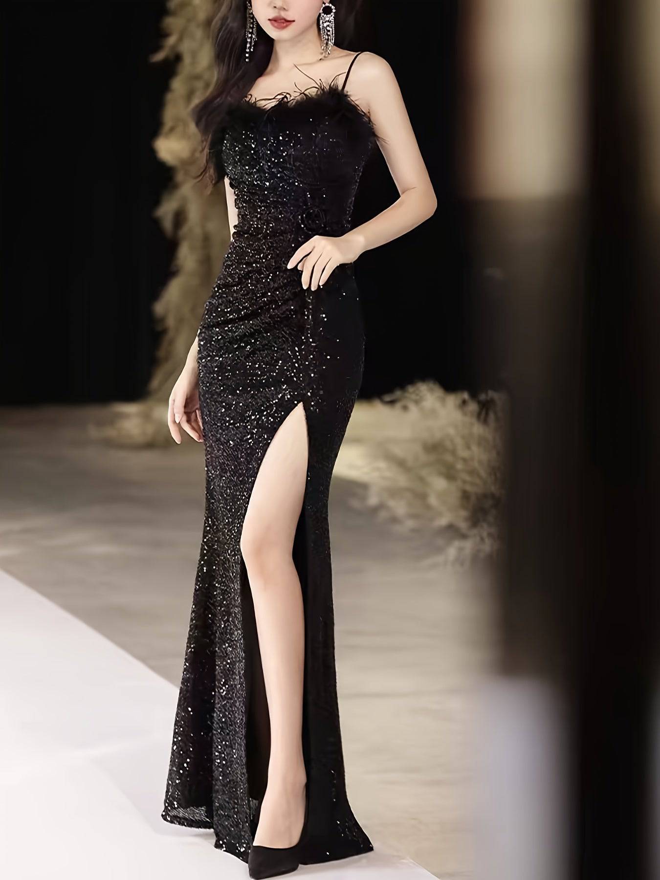 VougeVamp Luxurious Off-Shoulder Black Sequin Evening Gown with Belt & Side Slit – High-End Fashion for Parties & Banquets - VougeVampUK