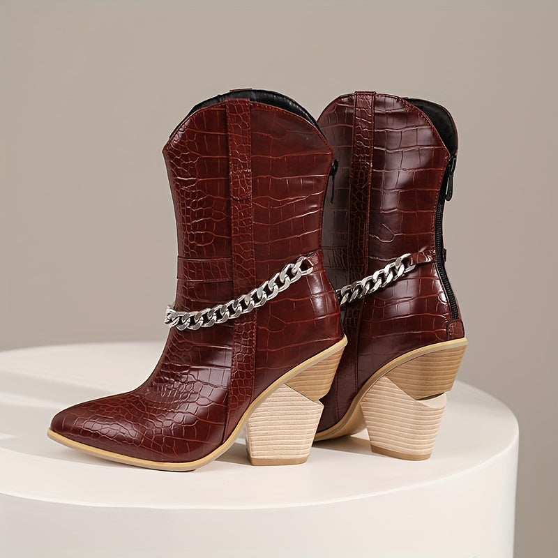 VougeVamp Trendy Crocodile Print Mid-Calf Boots – Chunky Stacked Heel, Pointed Toe & Chain Detail - VougeVampUK