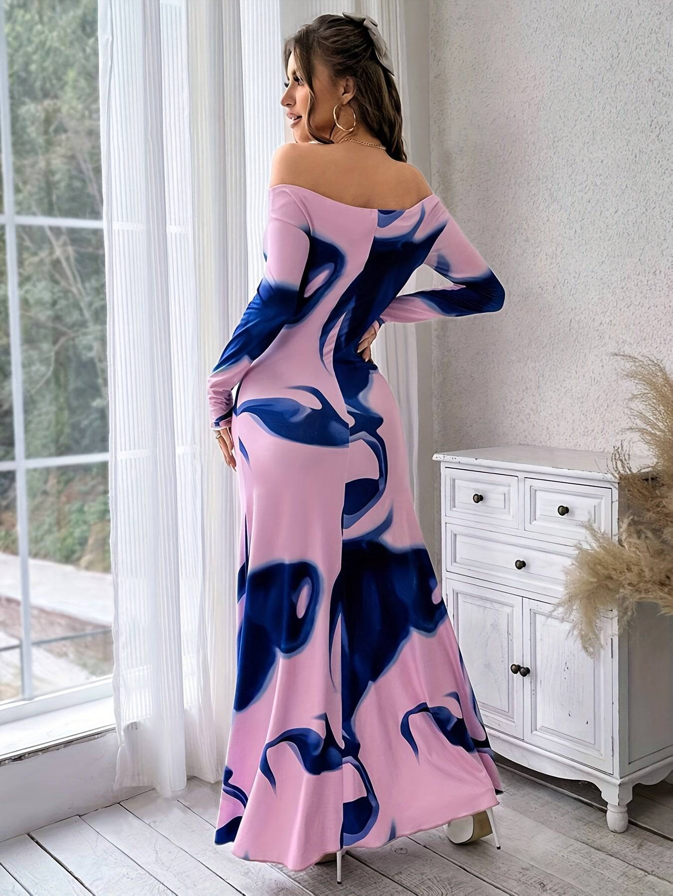 VougeVamp Off-Shoulder Camo Print Maxi Dress – Chic Ruched Waist Mermaid Gown for Spring & Fall - VougeVampUK