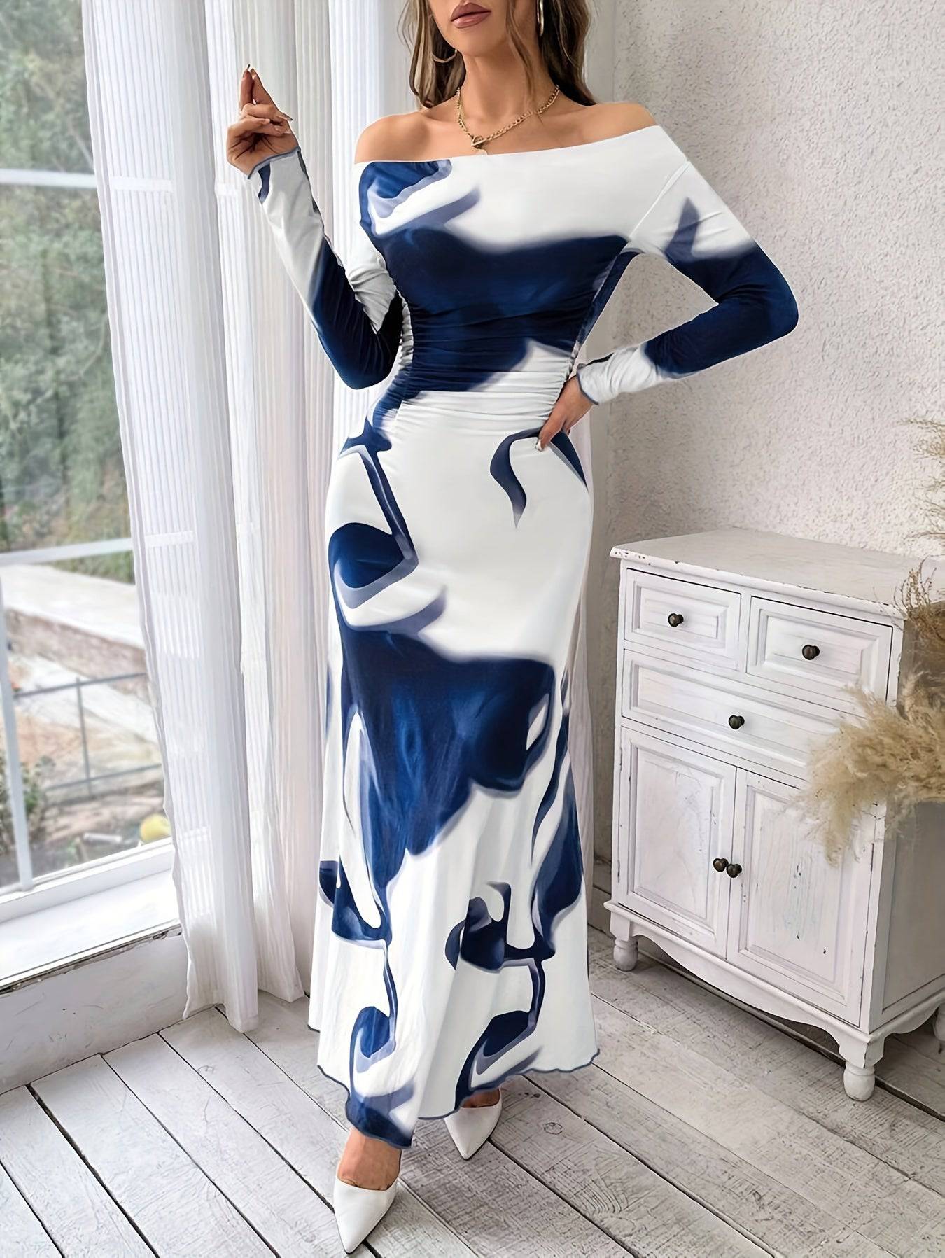 VougeVamp Off-Shoulder Camo Print Maxi Dress – Chic Ruched Waist Mermaid Gown for Spring & Fall - VougeVampUK