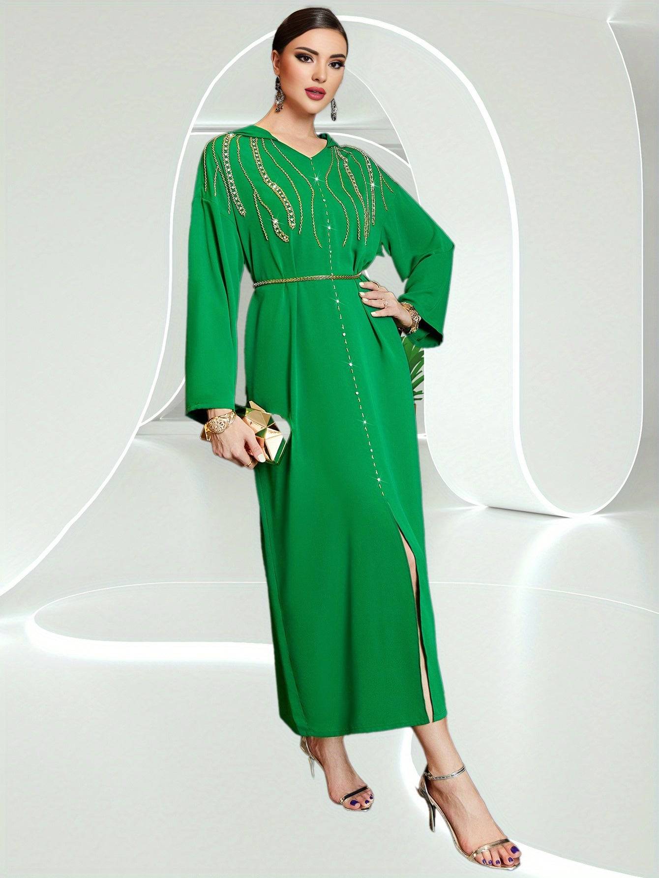 Elegant Handcrafted Rhinestone Kaftan Dress – Luxurious Long Sleeve Maxi for Women - VougeVampUK