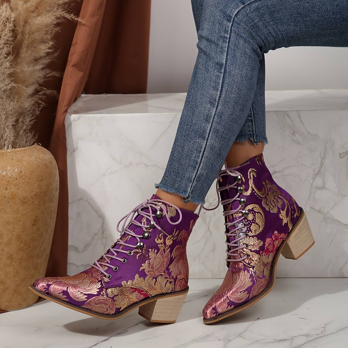 VougeVamp Floral Embroidered Lace-Up Ankle Booties – Pointed Toe High Block Heel for Elegant Style - VougeVampUK