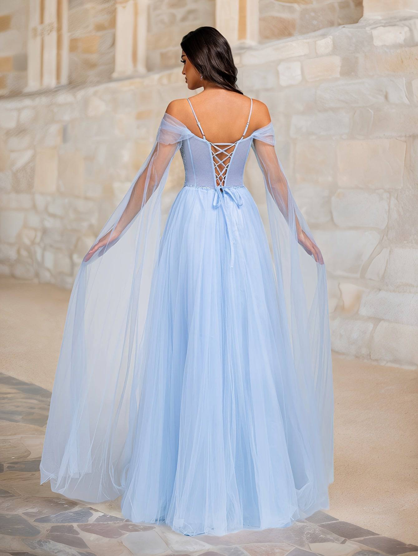 Hand-Embroidered Blue Sequined Off-Shoulder Evening Dress with Spaghetti Straps - VougeVampUK