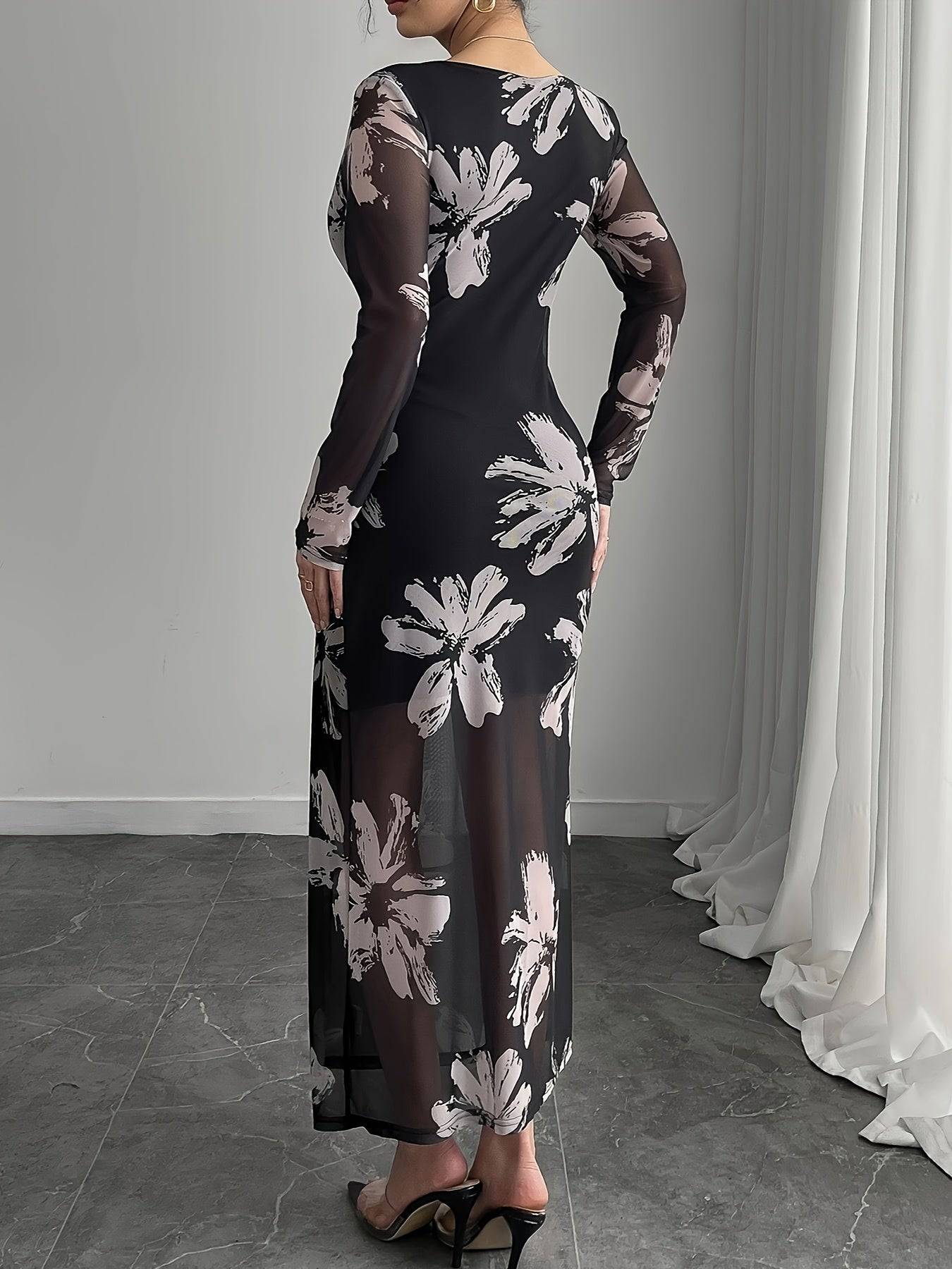 Floral Print Maxi Dress for Women – Black & Beige, Crew Neck, Fitted Long Sleeve, Polyester Knit - VougeVampUK