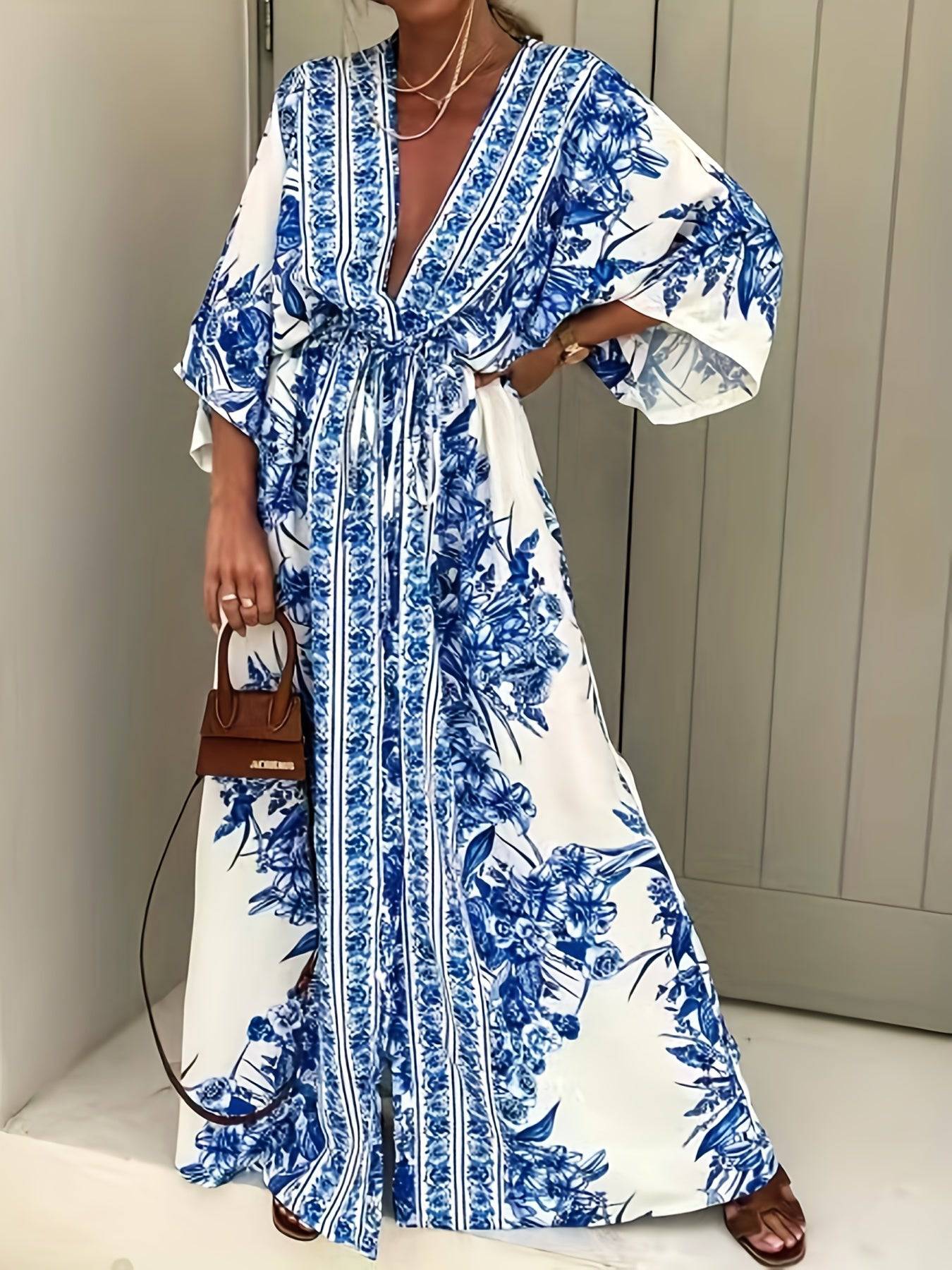 VougeVamp Chic Summer Floral V-Neck Dress – Short Sleeve Flowy Skirt for Vacation & Casual Wear