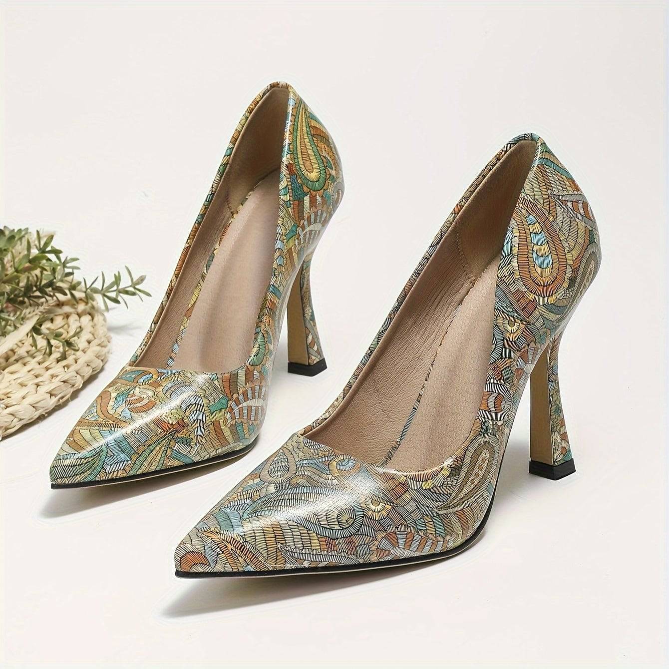 VougeVamp Ethnic Print Stiletto Heels – Elegant Pointed Toe Pumps for Parties & Office Wear - VougeVampUK
