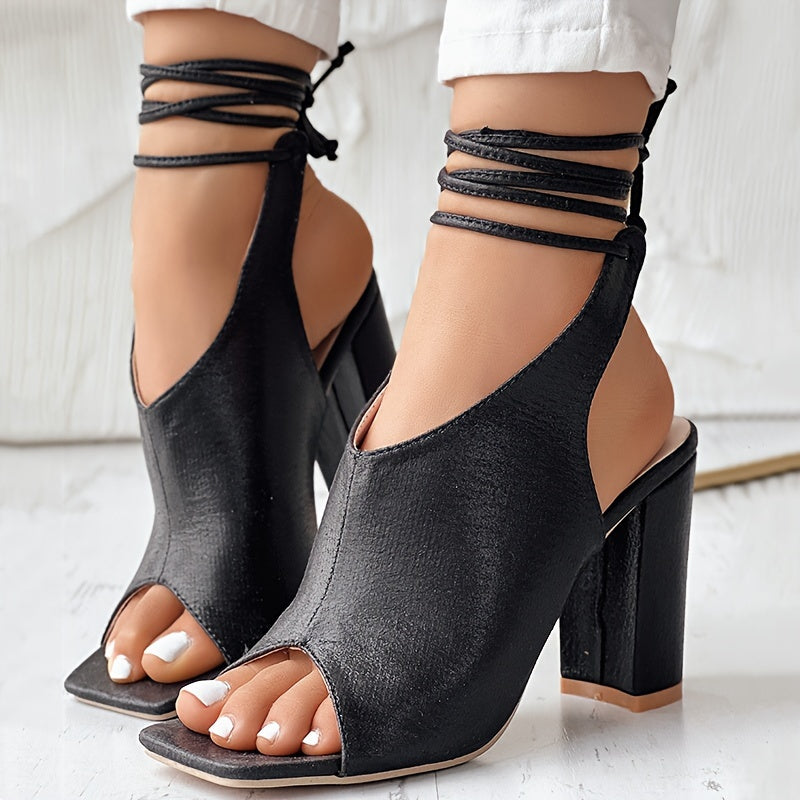 VougeVamp Open-Toe Lace-Up High Heel Sandals – Thick Heel, Stylish & Comfortable - VougeVampUK