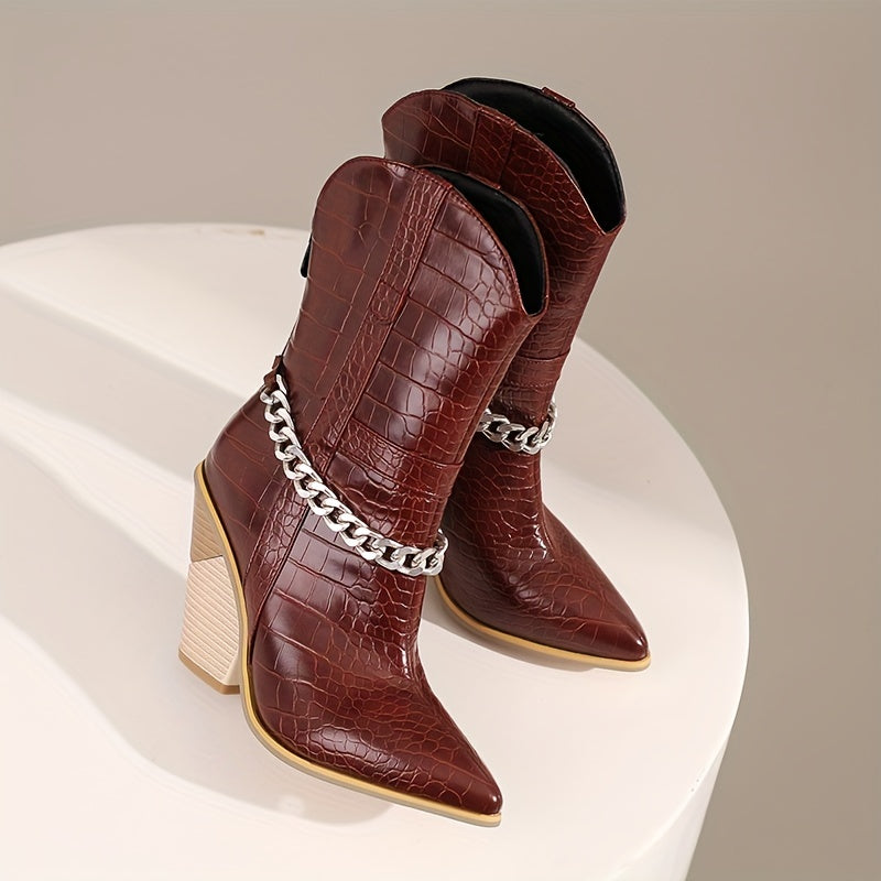 VougeVamp Trendy Crocodile Print Mid-Calf Boots – Chunky Stacked Heel, Pointed Toe & Chain Detail - VougeVampUK